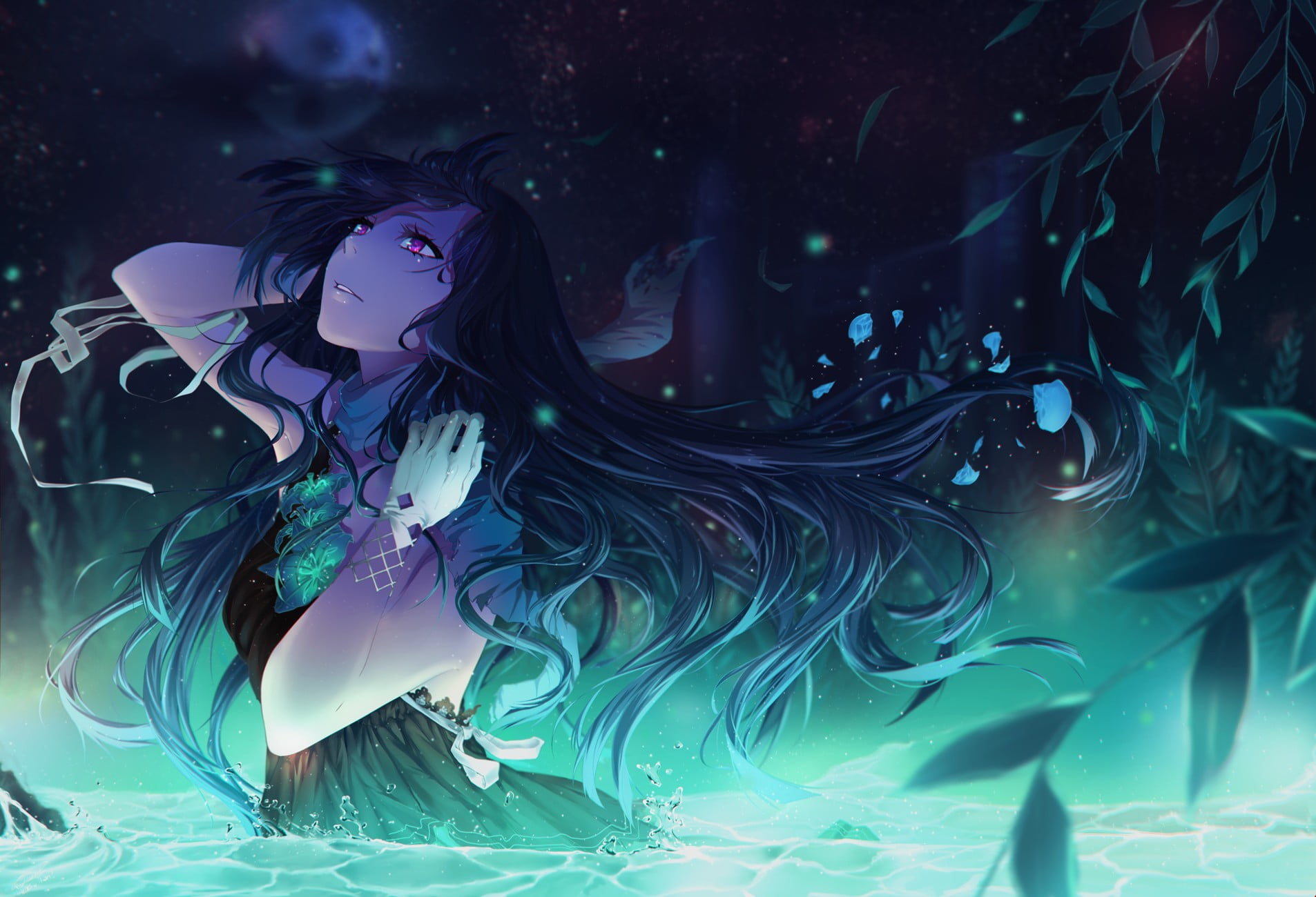 animal wildlife, ribbon, hair, women, hairstyle, young women, sea, real people, flowers, underwater, Alys, lifestyles, night, water, black dress, leisure activity, HD Wallpaper