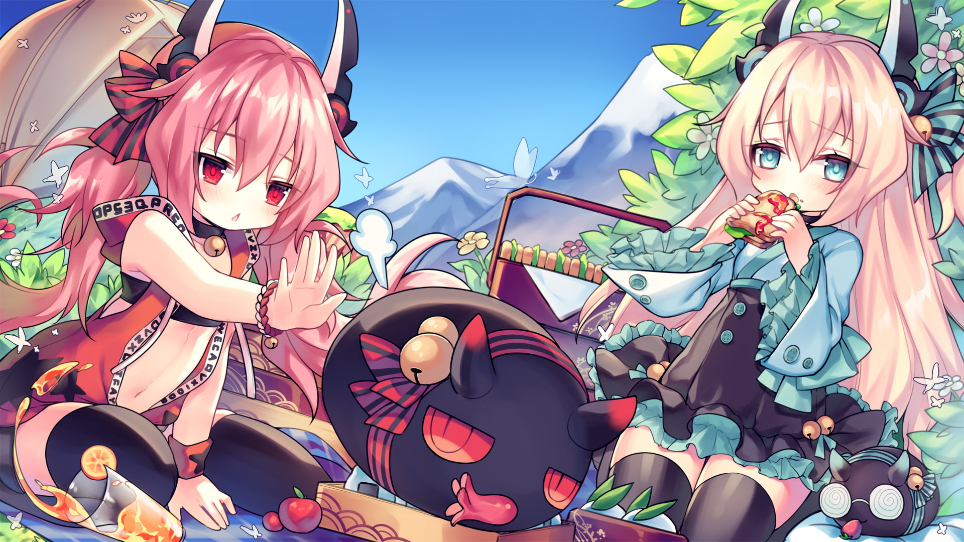 bell, flowers, utm, long, navel, horns, aqua, com, food, loli, sky, 2girls, drink, azur, hoodie, dress, eyes, animal, fruit, apple, hair, pink, lane, 261994, HD Wallpaper