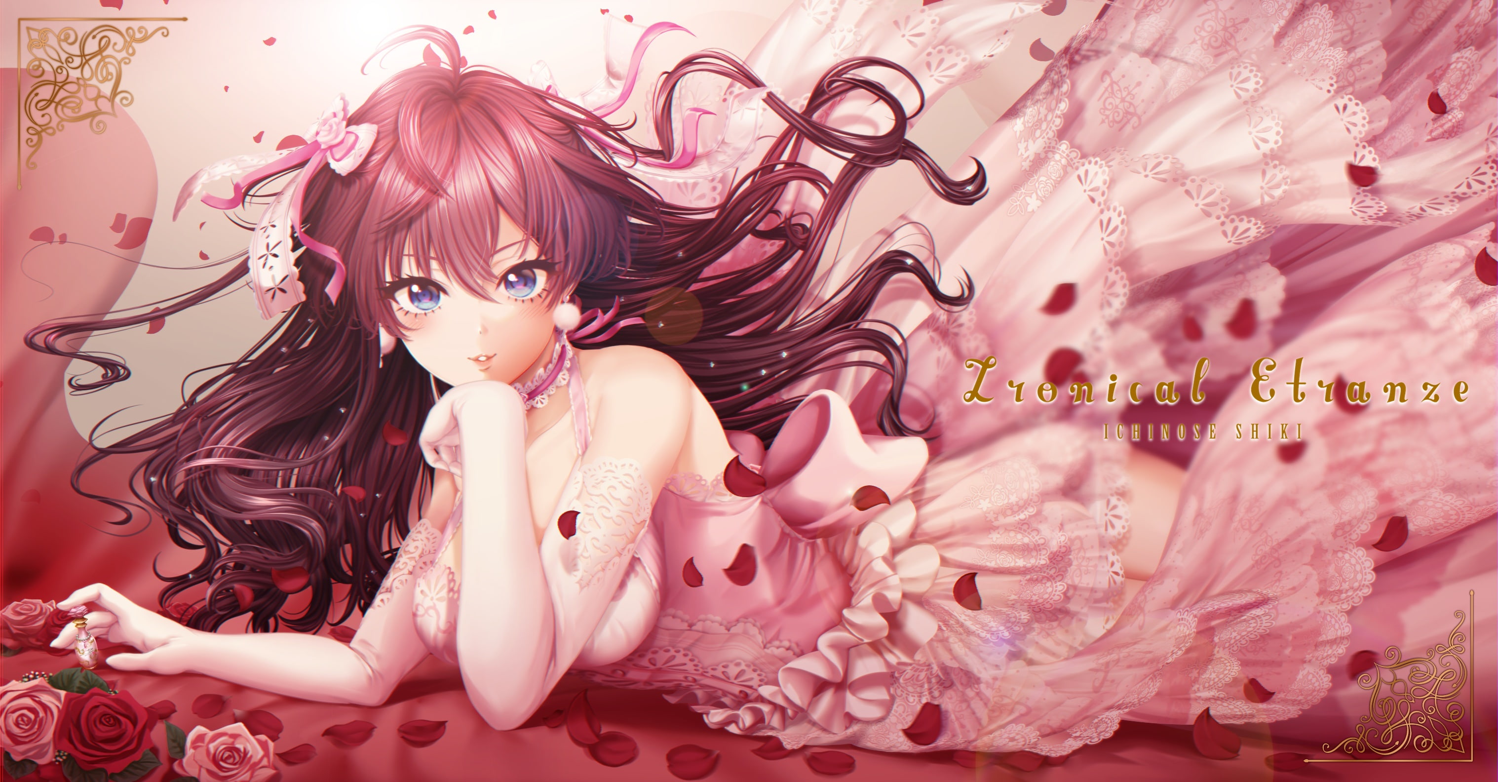 eyes, blue, 2K, (jun0512), dress, shiki, flowers, rose, 262276, konachan, idolmaster, akapii, brown, long, ribbons, gloves, elbow, ichinose, com, hair, HD Wallpaper