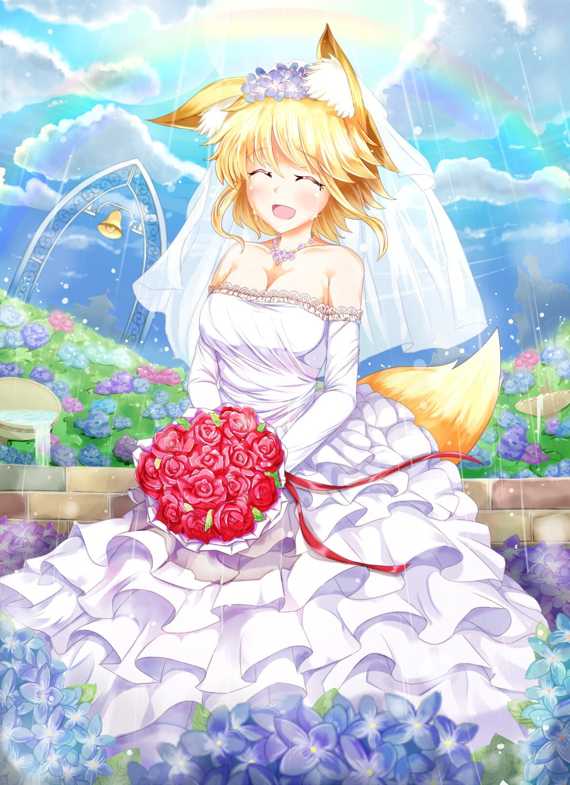 sky, anime girls, tail, short hair, 720P, blonde, animal ears, rainbows, kitsunemimi, anime, wedding dress, clouds, rain, open shirt, flowers, Phone HD Wallpaper