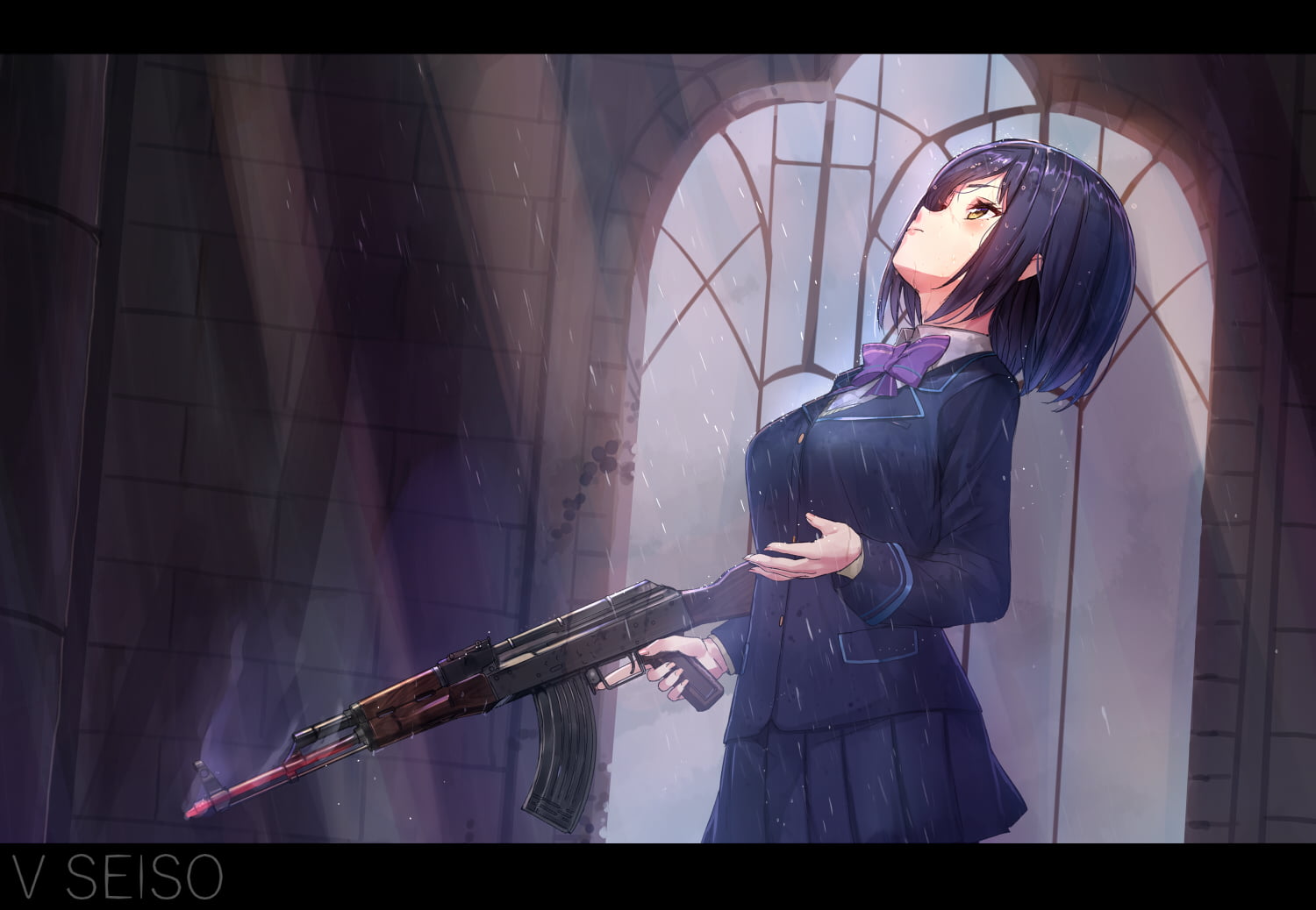 three quarter length, arts culture and entertainment, seifuku, rain, skirt, auto post production filter, black, music, rin, akasaai, young women, young adult, HD Wallpaper