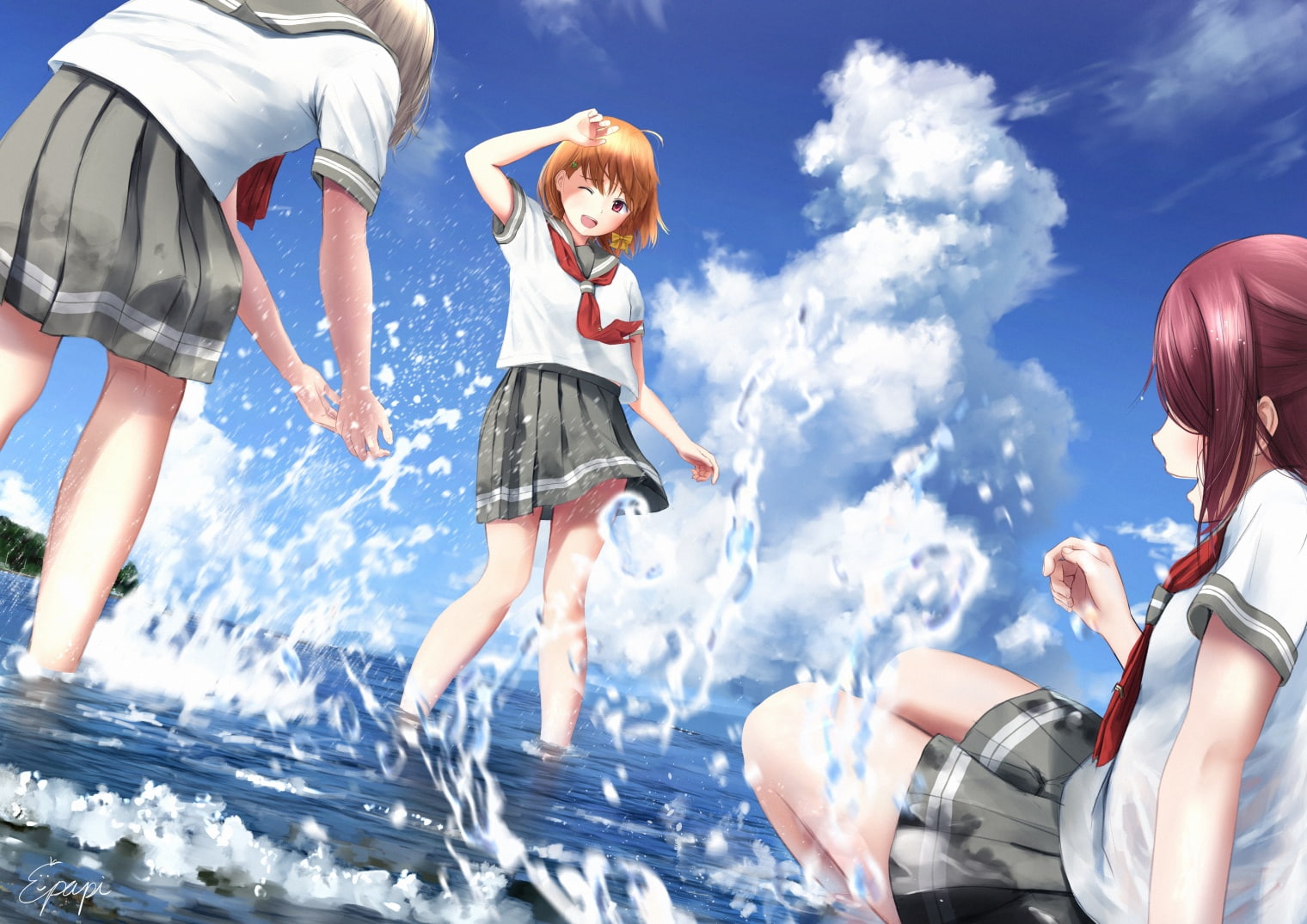 orange, 247512, wink, pink, seifuku, takami, sky, short, skirt, purple, clouds, brown, chika, watanabe, you, hair, braids, eyes, water, bow, 720P, konachan, HD Wallpaper