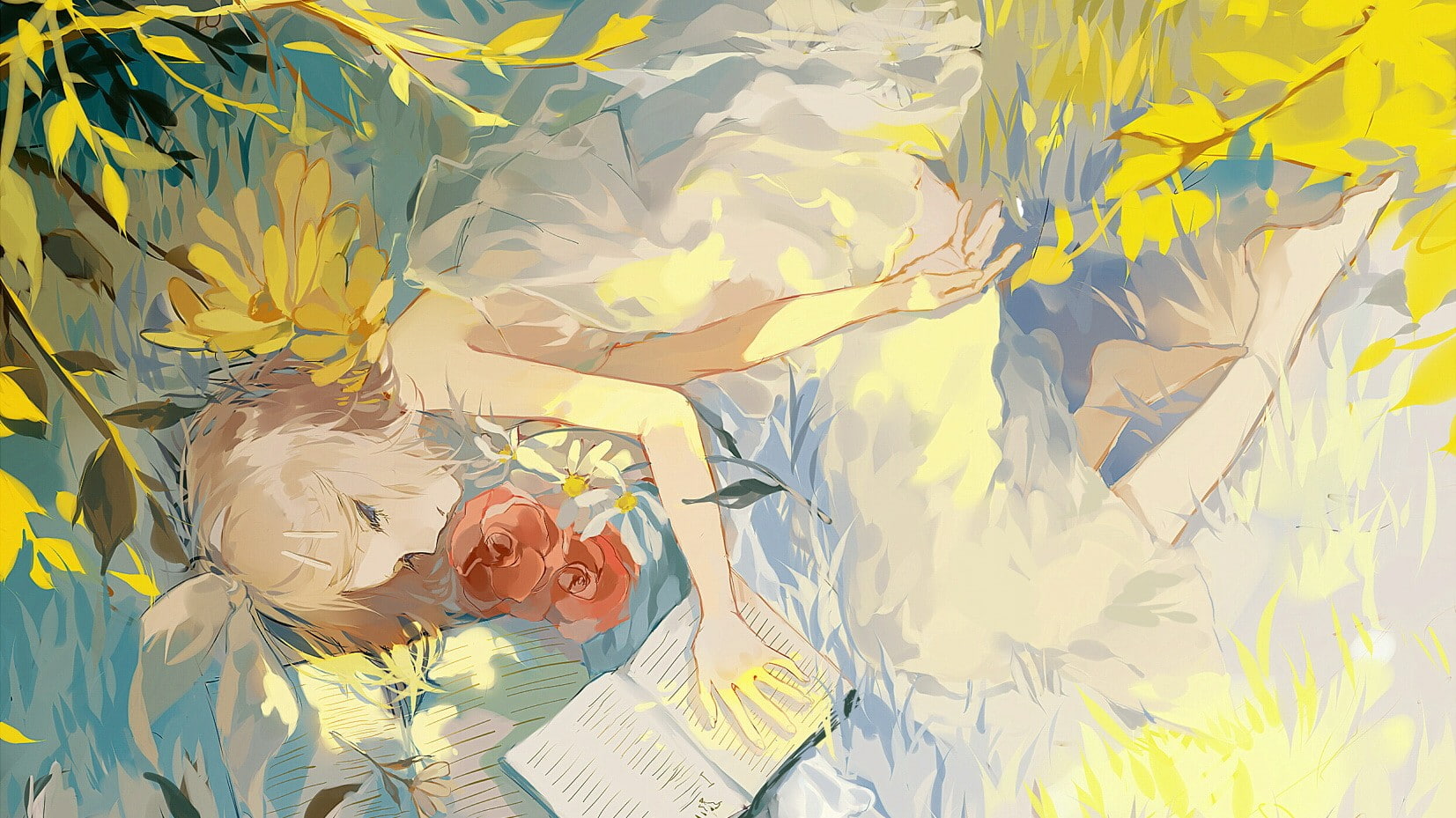 hair ornament, blue eyes, ribbon, water, lying down, Vocaloid, flowers, bangs, books, dress, Kagamine Rin, anime girls, short hair, barefoot, 720P, white, HD Wallpaper