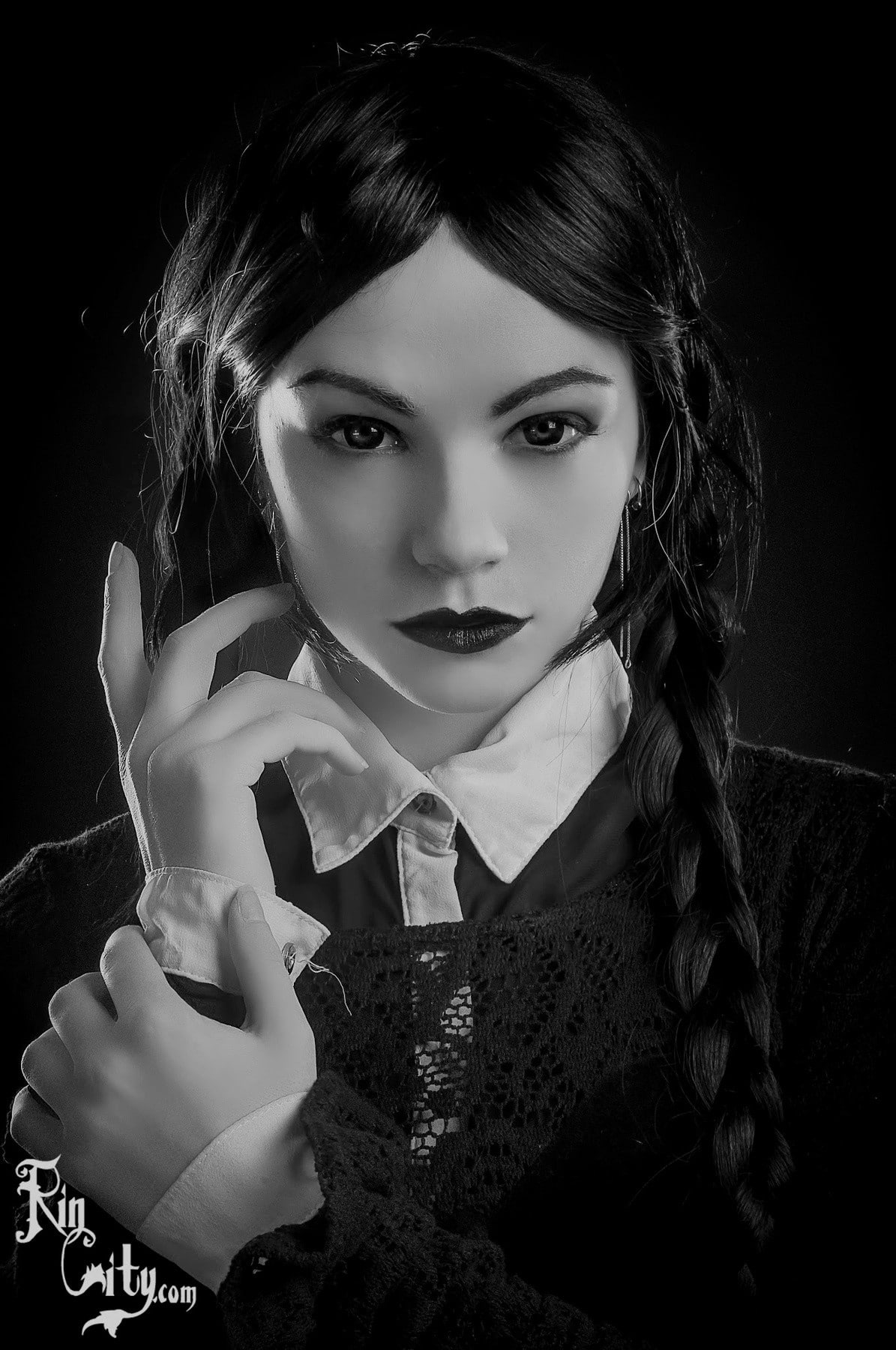 cosplay, wednesday addams, Katrina Wilkinson, 720P, monochrome, Phone HD Wallpaper