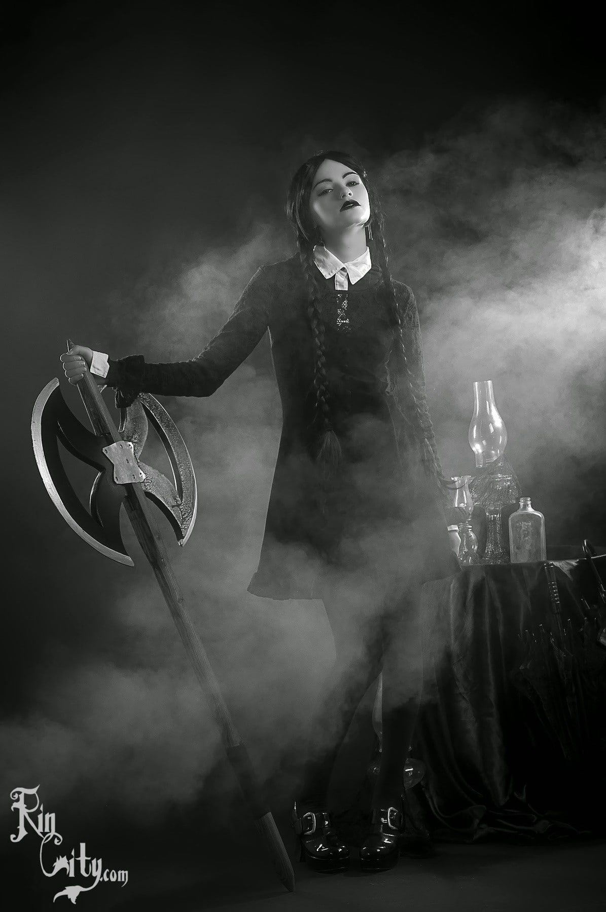 cosplay, monochrome, Katrina Wilkinson, 720P, wednesday addams, Phone HD Wallpaper