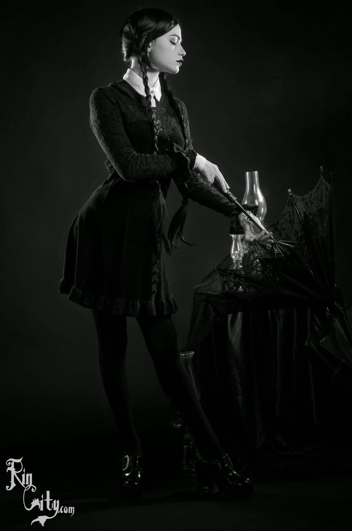 cosplay, 720P, wednesday addams, Katrina Wilkinson, monochrome, Phone HD Wallpaper