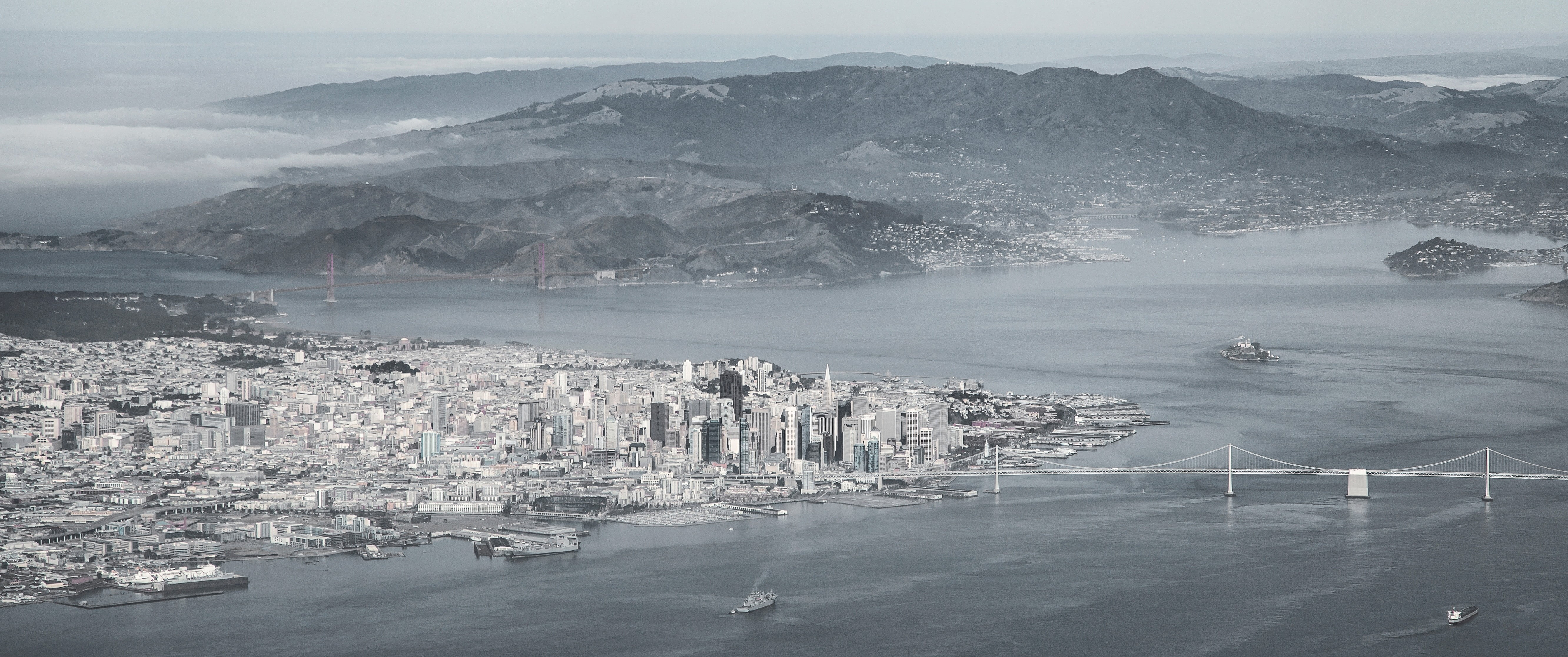 high angle view, architecture, water, landscape, 5K, cityscape, sea, building, San Francisco, grayscale, ice, city, no people, environment, nature, photo, HD Wallpaper