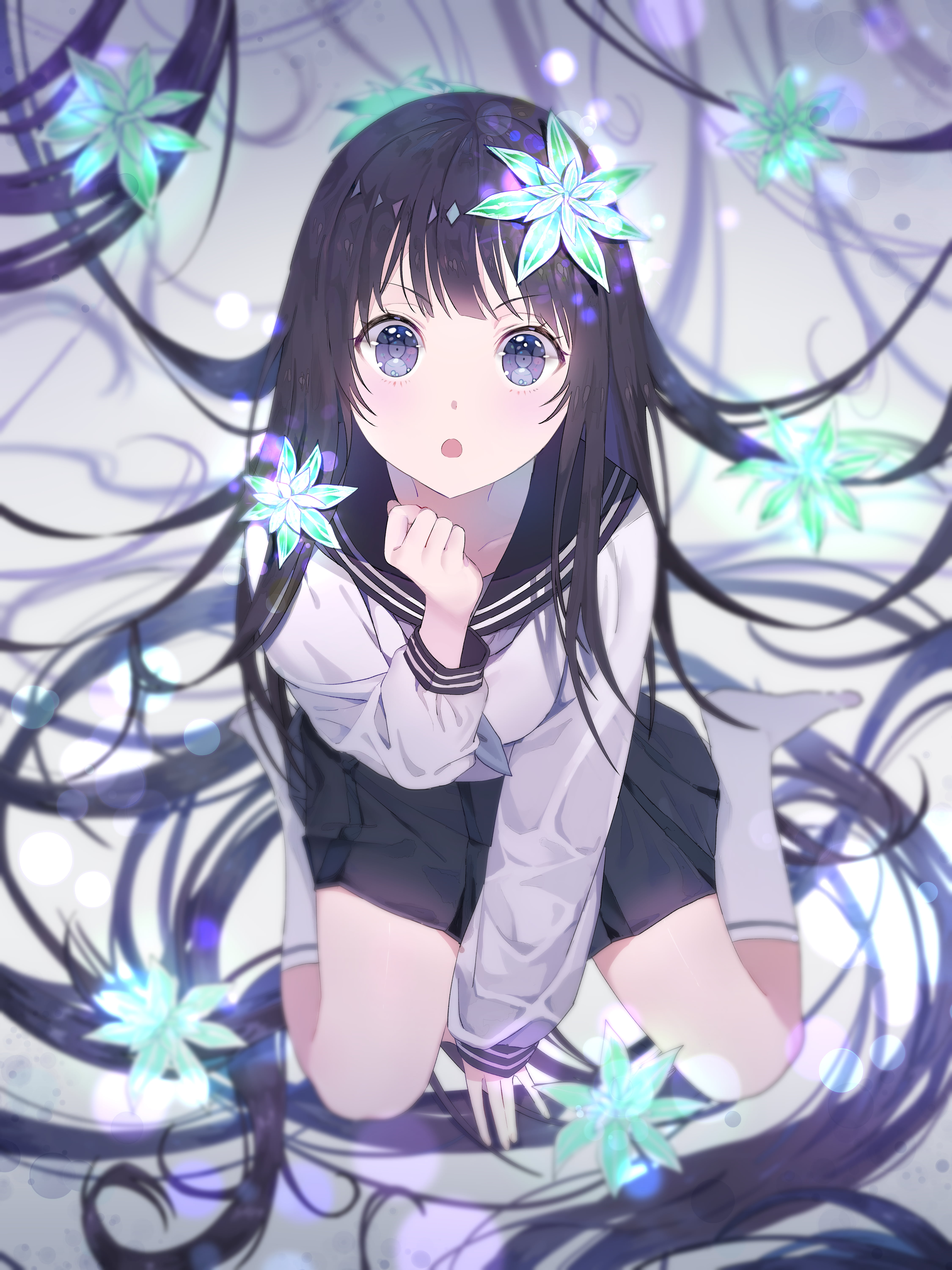 long hair, Hyouka, black hair, sailor uniform, anime, Chitanda Eru, anime girls, 5K, Phone HD Wallpaper