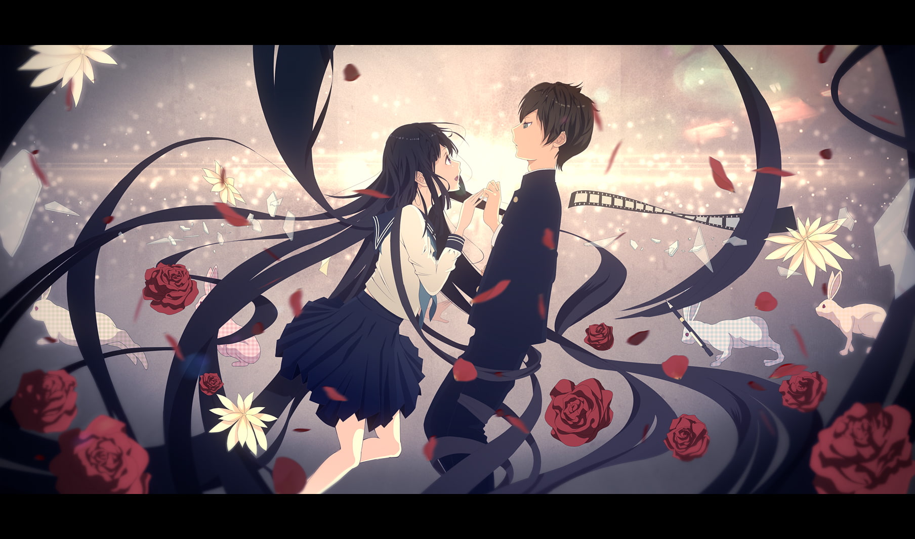 chitanda, seifuku, flowers, animal, rabbit, petals, 720P, hyouka, long, eru, rose, houtarou, oreki, hair, HD Wallpaper