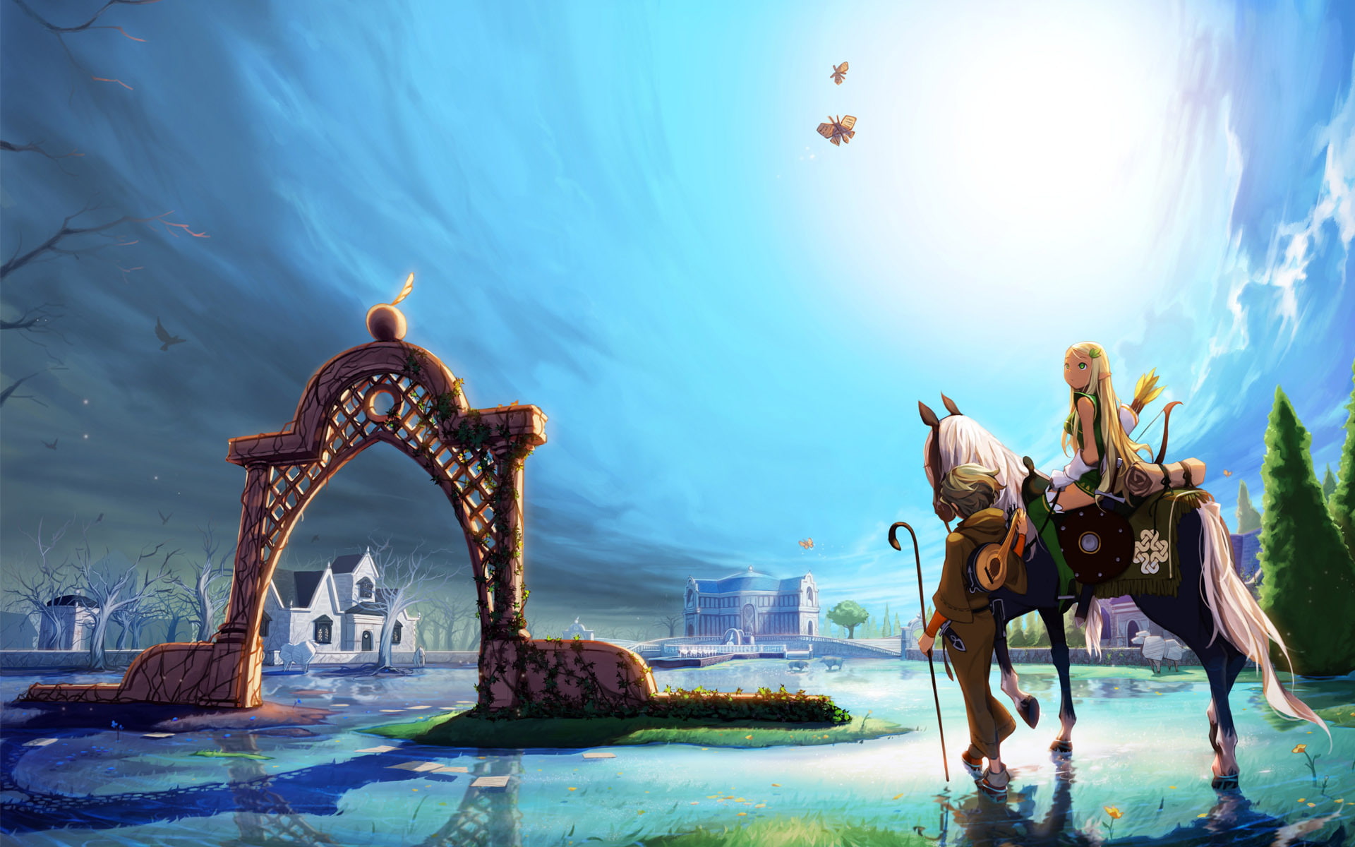 girl, arch, buildings, 1080P, ELF, x, art, Mabinogi, horse, bow, px, water, fantasy, original, sports, hd, City, 1920x1200 px, anime, football, HD Wallpaper
