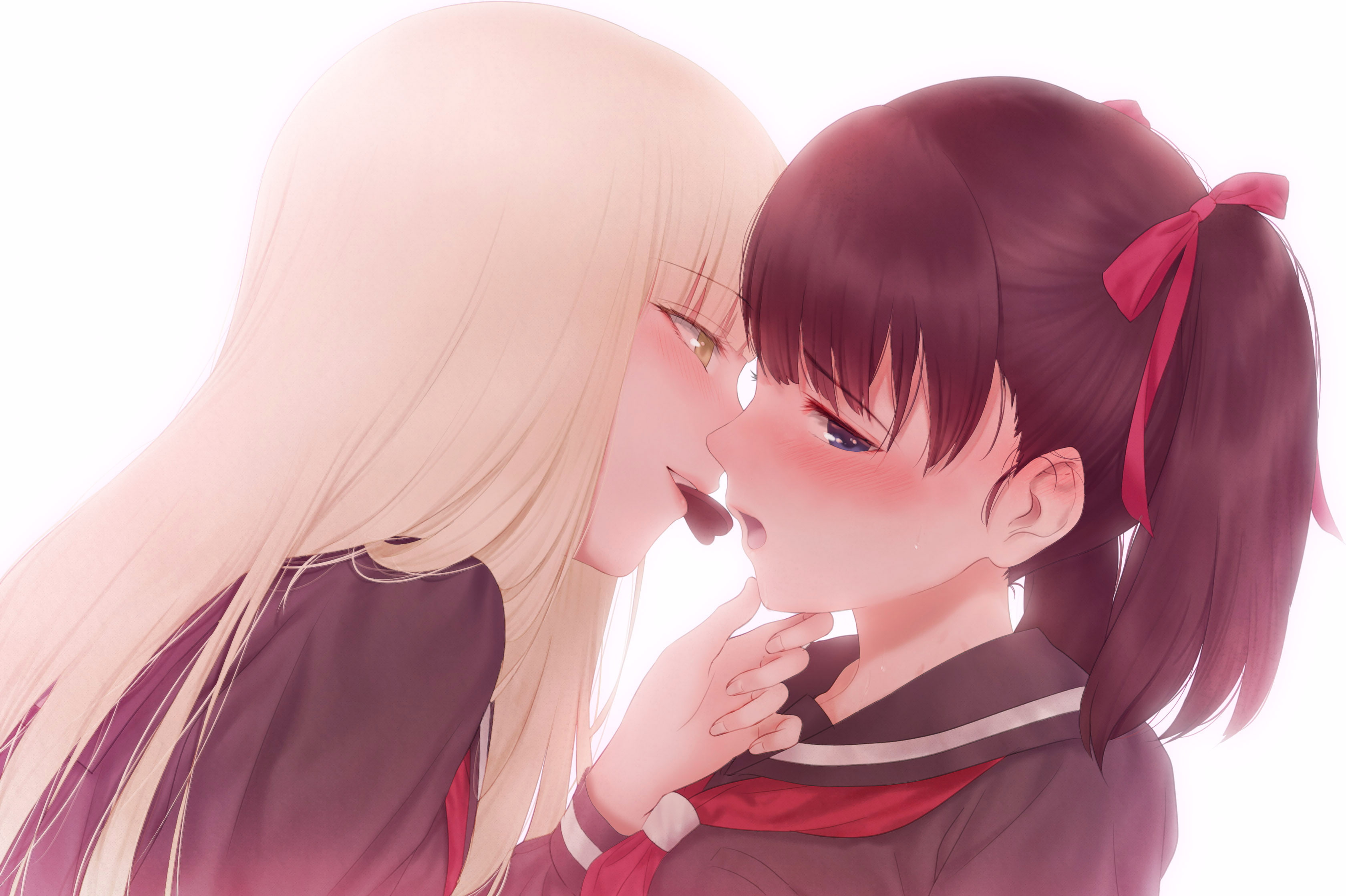 blue, tagme, blonde, chocolate, shoujo, eyes, yellow, twintails, com, seifuku, blush, long, hair, 2K, (artist), 260587, original, brown, heart, 2girls, HD Wallpaper