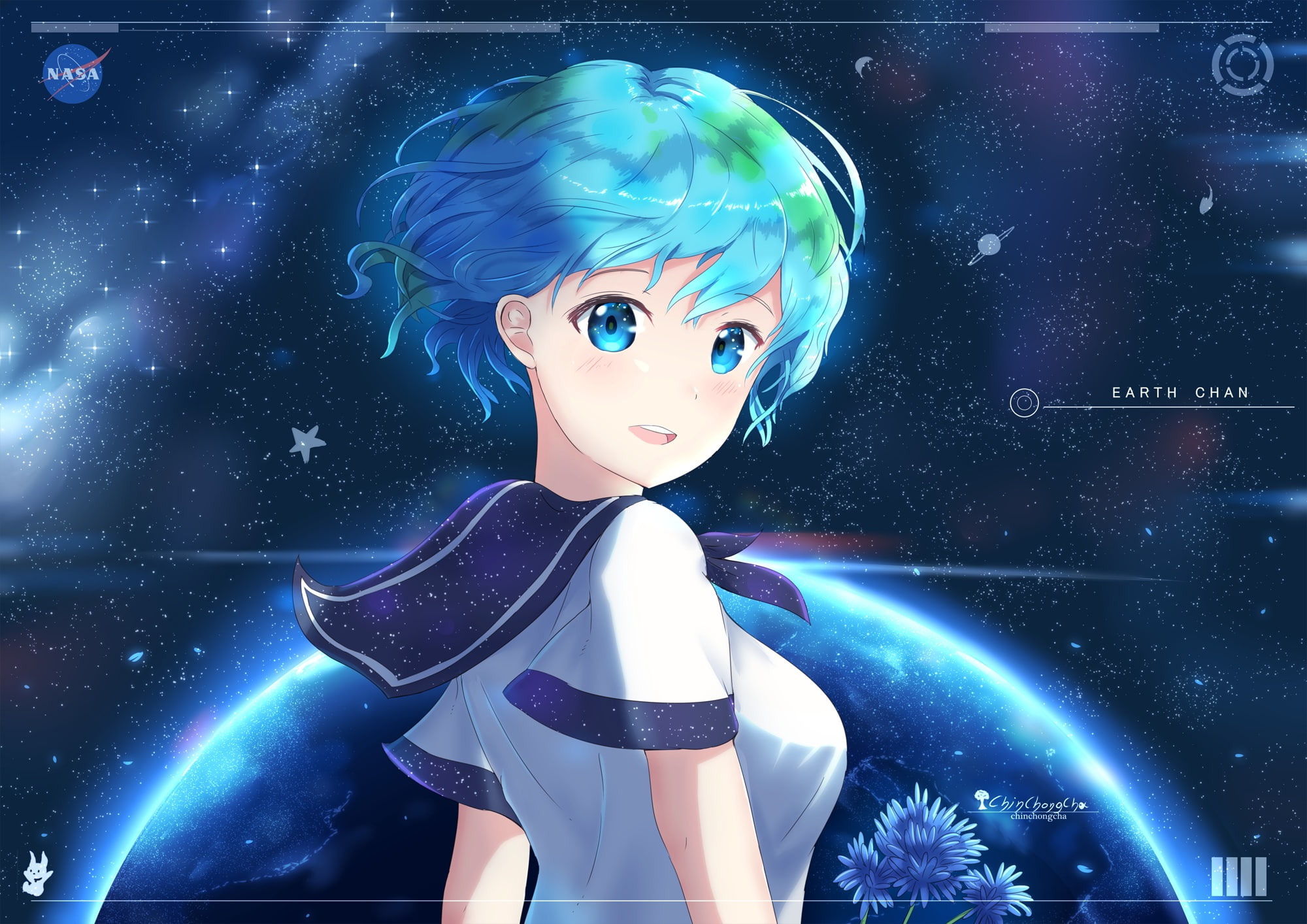 blush, anthropomorphism, stars, space, konachan, earth-chan, watermark, chinchongcha, short, aqua, logo, hair, 1080P, 258346, eyes, com, seifuku, planet, HD Wallpaper