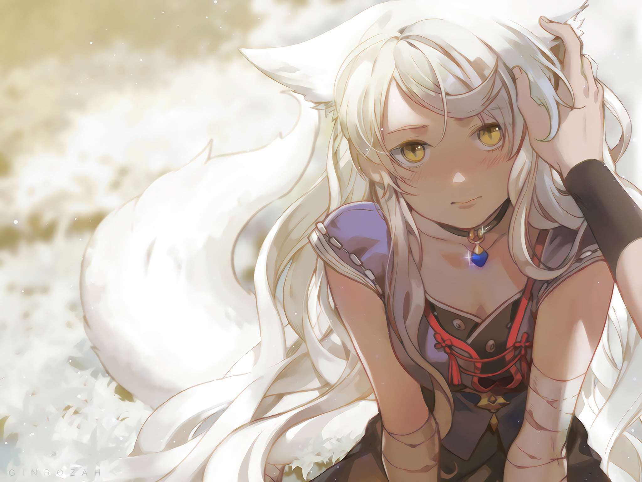 young women, animal tail, portrait, blush, pendant, long hair, arts culture and entertainment, day, closed mouth, looking at camera, white hair, dress, HD Wallpaper