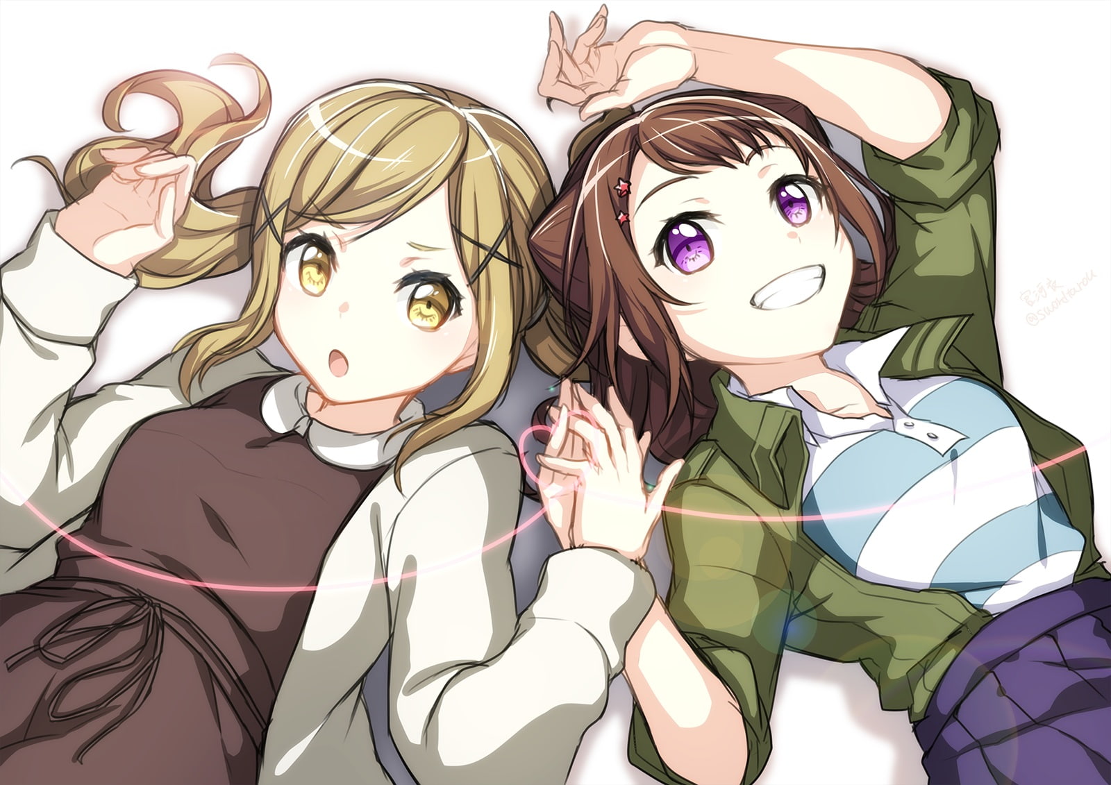 skirt, hair, com, 720P, yellow, dream!, twintails, arisa, 252787, toyama, short, bang, blonde, eyes, long, kasumi, purple, brown, ribbons, 2girls, konachan, HD Wallpaper
