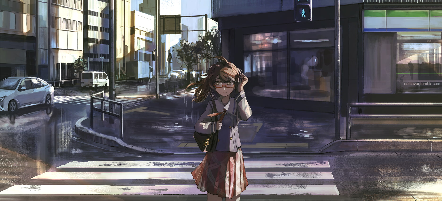 street, glasses, anime, brown eyes, city, anime girls, 720P, long hair, brunette, HD Wallpaper