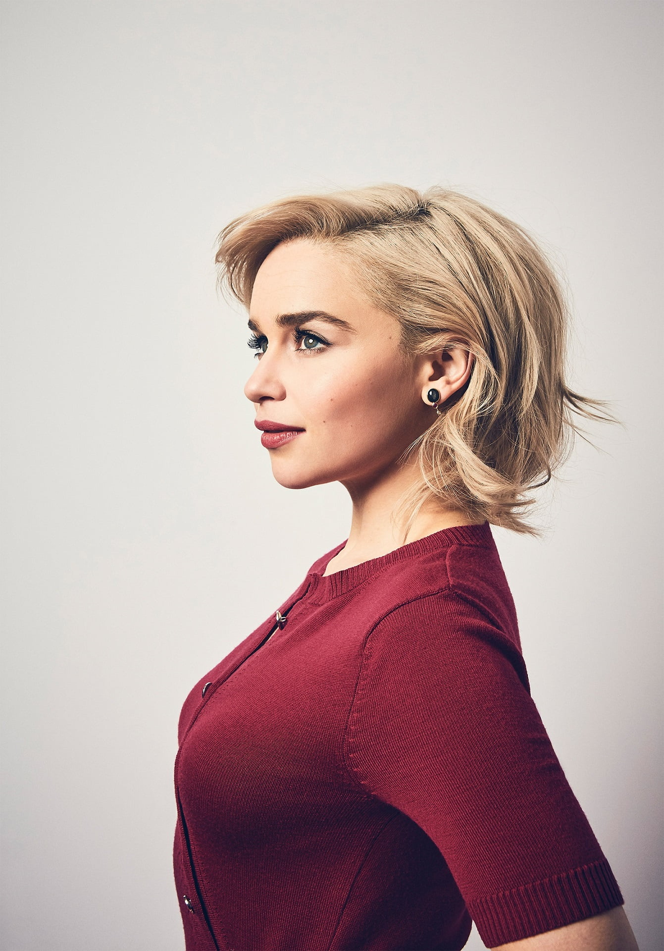 blonde, red lipstick, Emilia Clarke, face, blue eyes, sweater, short hair, 1080P, women, Phone HD Wallpaper