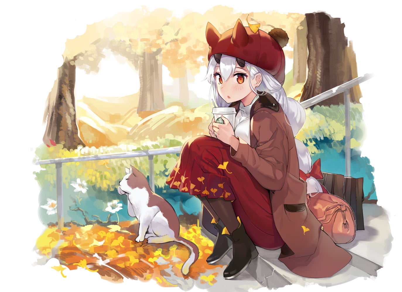 cats, Tomoe Gozen (Fate/Grand Order), white hair, anime, anime girls, 720P, Fate/Grand Order, red eyes, HD Wallpaper