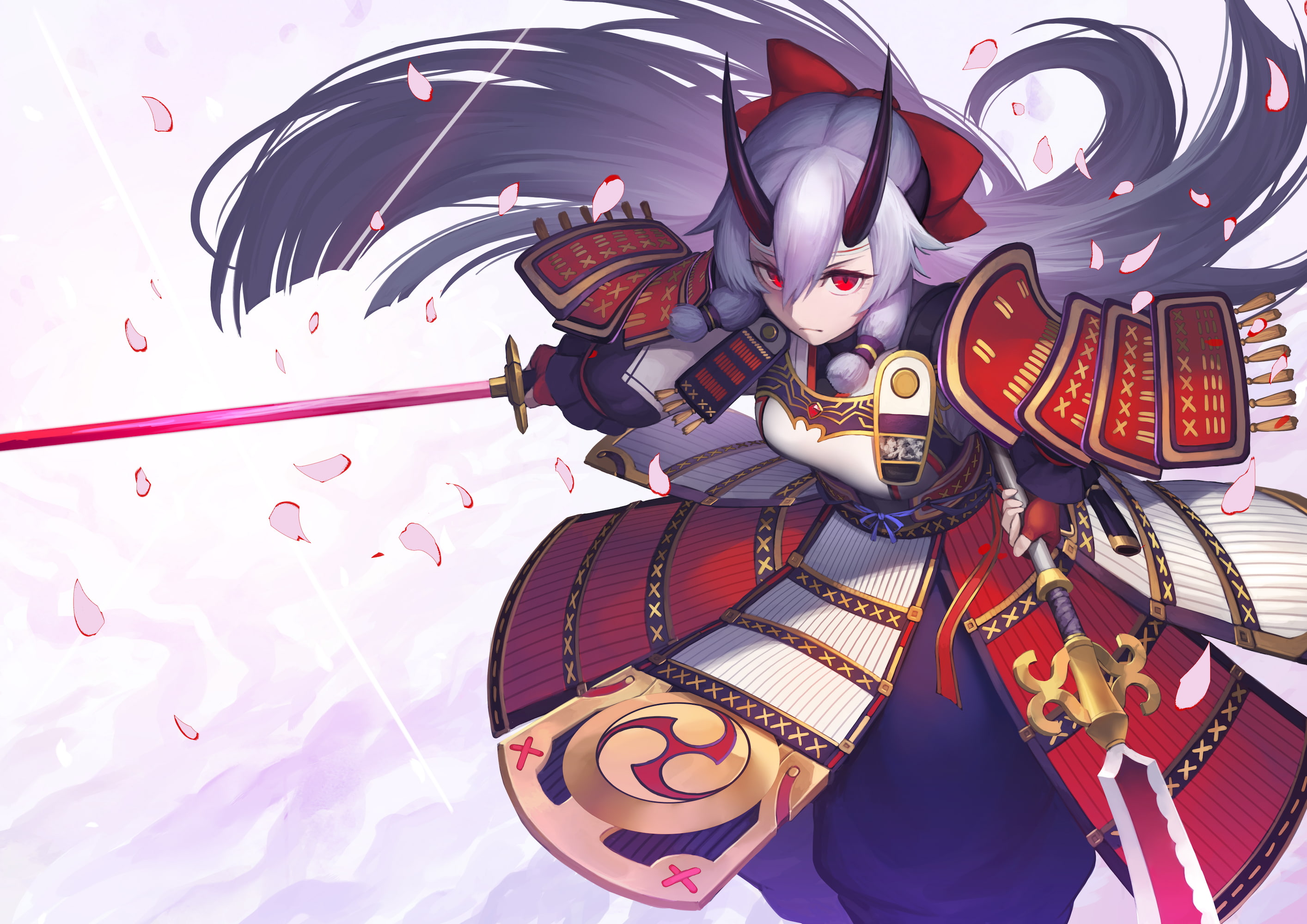 gray, horns, grand, (series), 2K, konachan, nakamura, order, gozen, eito, red, spear, weapon, com, eyes, tomoe, 252437, samurai, sword, hair, long, fate, HD Wallpaper
