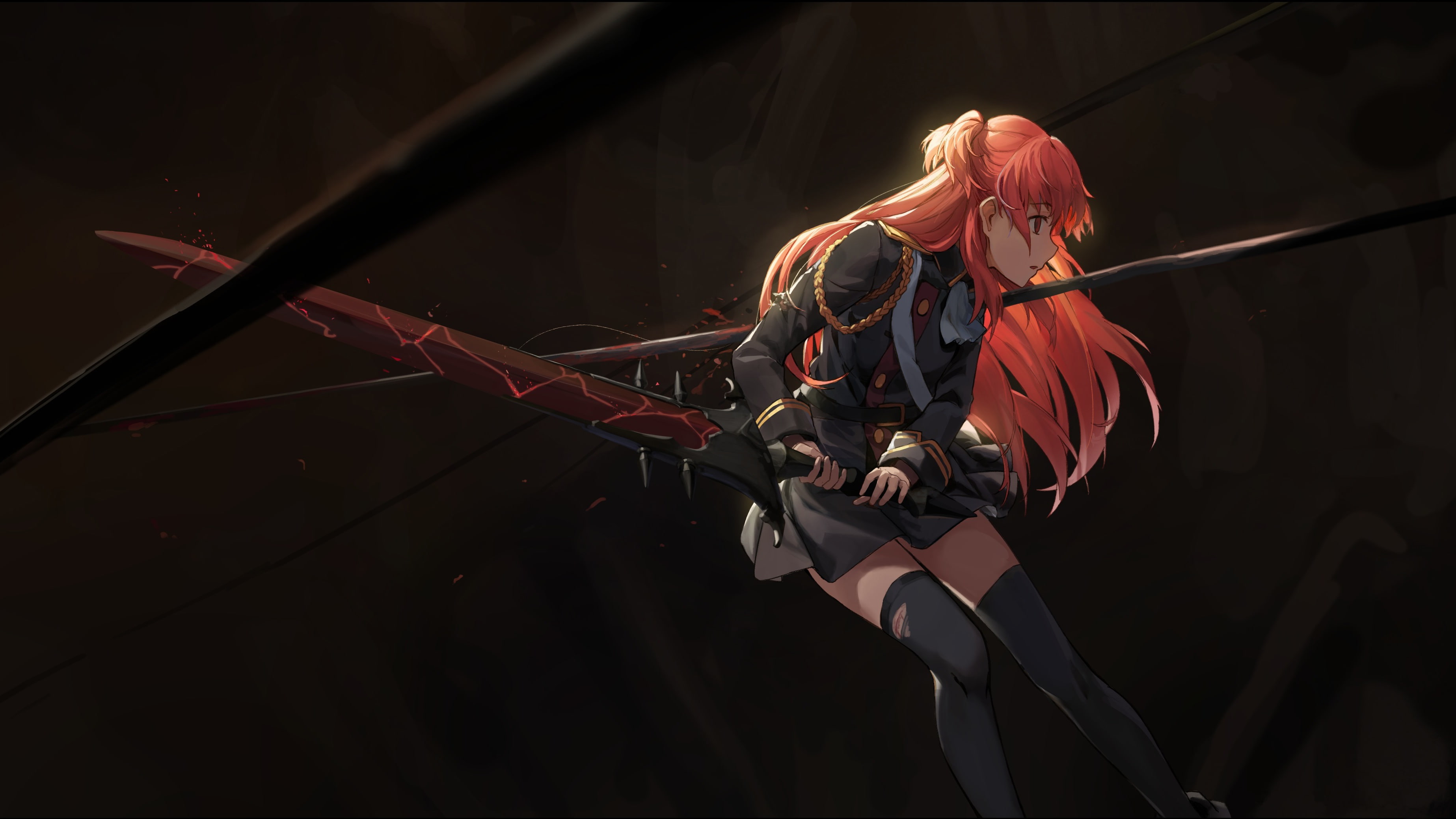 uniform, girls with swords, red eyes, sword, Shuumatsu Nani Shitemasu ka? Isogashii desu ka? Sukutte Moratte Ii desu ka?, stockings, 2K, Chtholly Nota Seniorious, HD Wallpaper