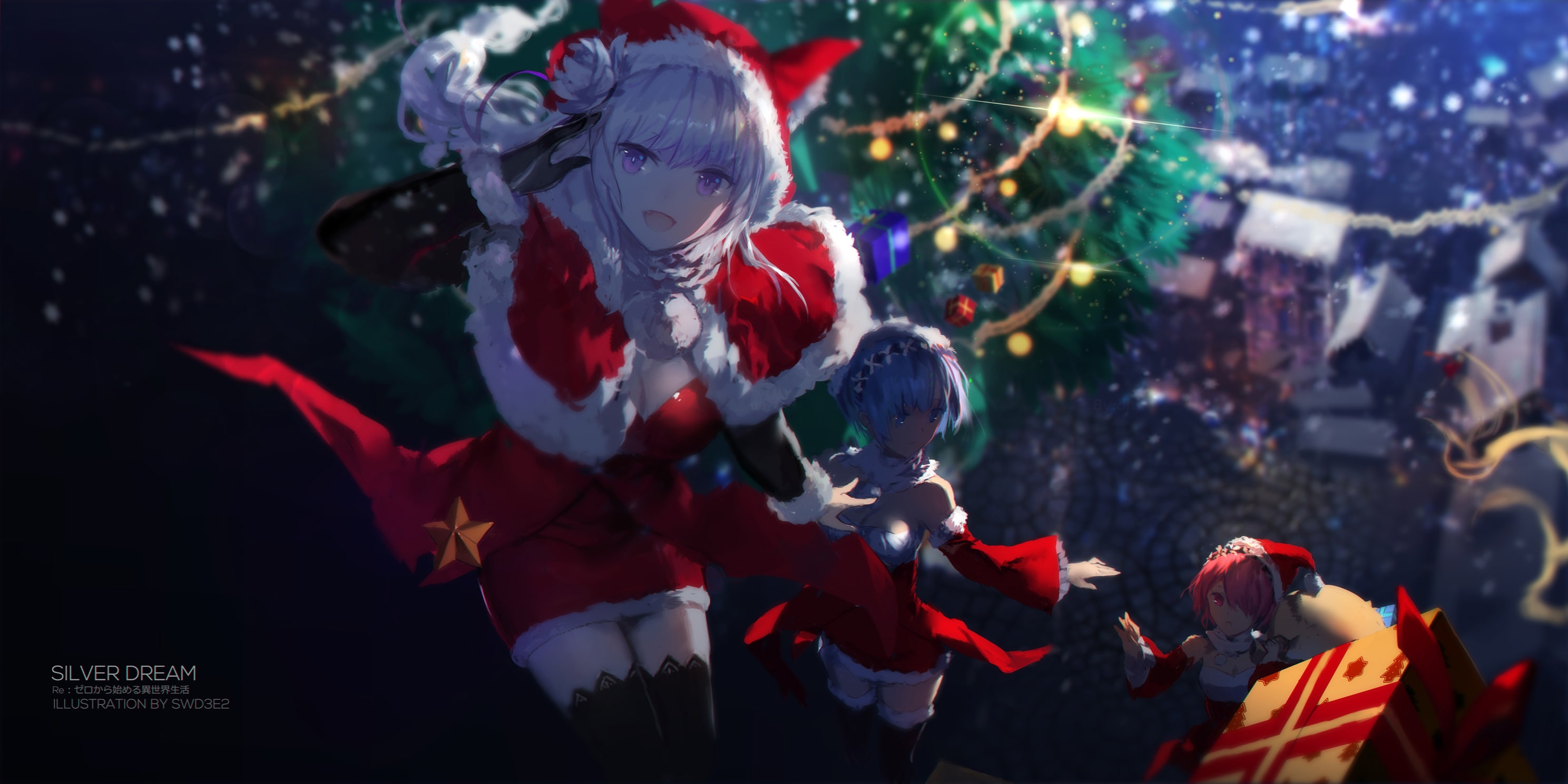 christmas, ram, re: zero, emilia, santa costume, smiling, Anime, 2K, rem, HD Wallpaper