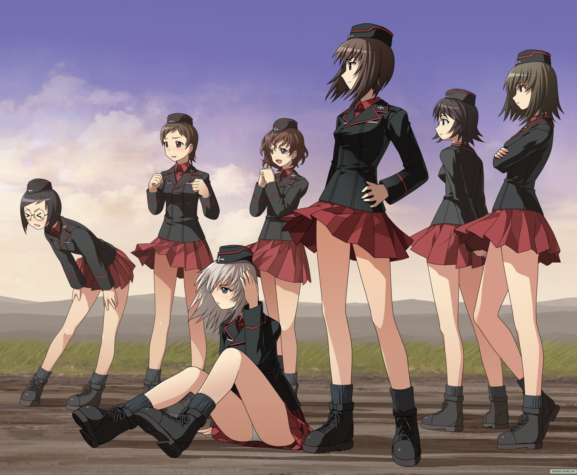 anime girls, girls, clothing, togetherness, young women, nature, Girls und Panzer, Nishizumi Maho, teenage girls, in a row, group of people, females, hairstyle, HD Wallpaper