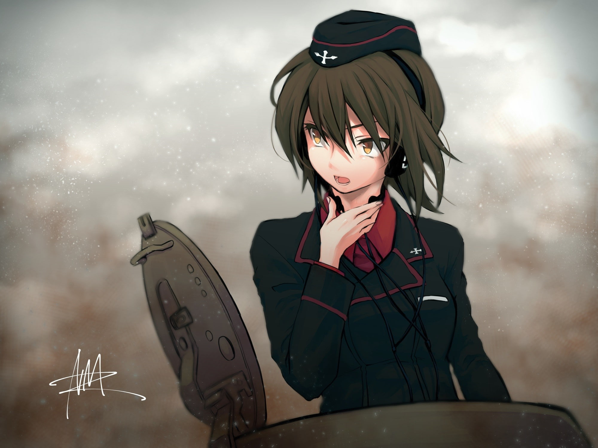 anime, Nishizumi Maho, short hair, Girls und Panzer, 1080P, anime girls, headphones, yellow eyes, hat, uniform, HD Wallpaper