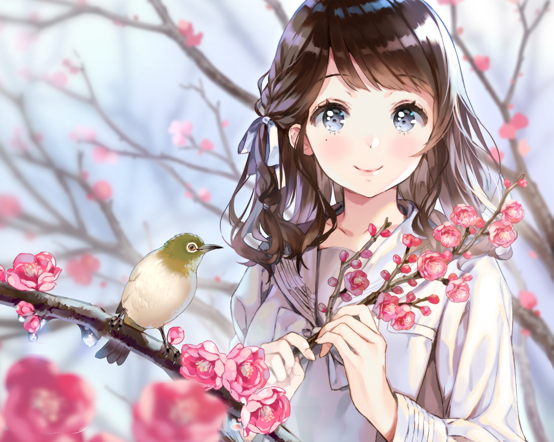 birds, brunette, smiling, anime girls, artwork, 1080P, long hair, original characters, anime, HD Wallpaper
