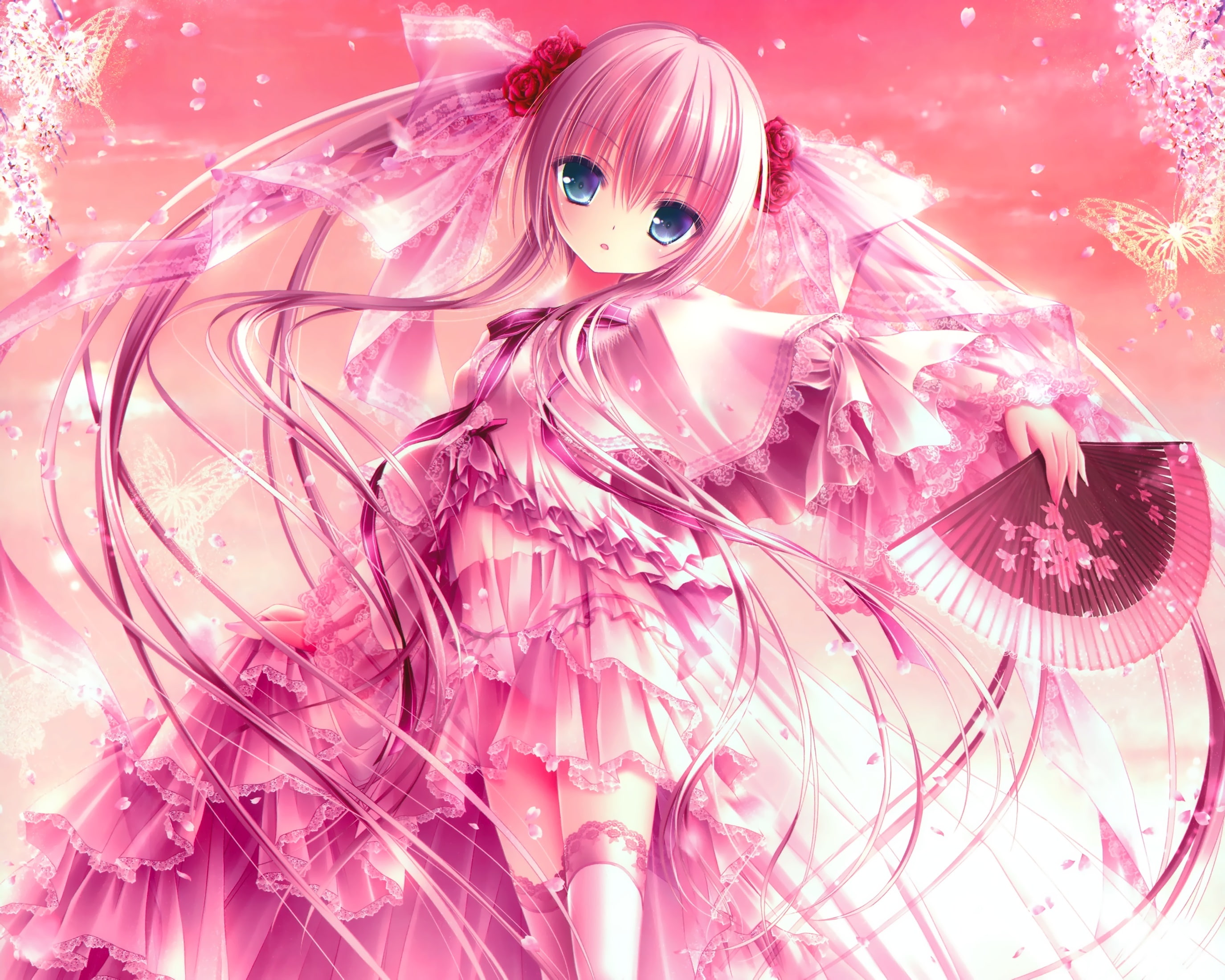 tinkle, pink, lolita, hair, tinkerbell, fan, fashion, thighhighs, original, long, 2K, twintails, loli, petals, HD Wallpaper