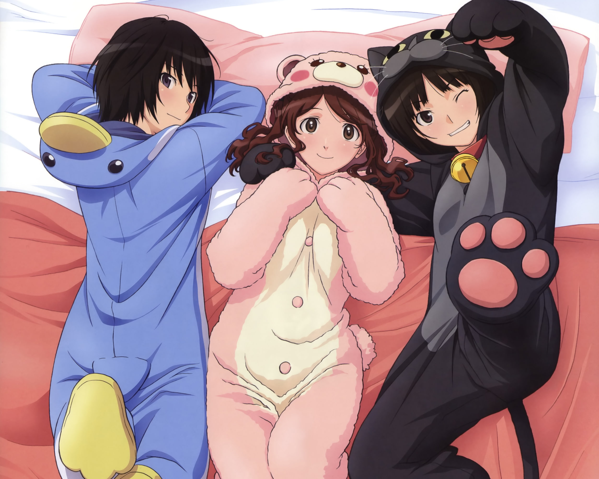 hair, 1080P, amagami, pajamas, black, tachibana, sae, girls, nakata, nanasaki, brown, wink, miya, HD Wallpaper