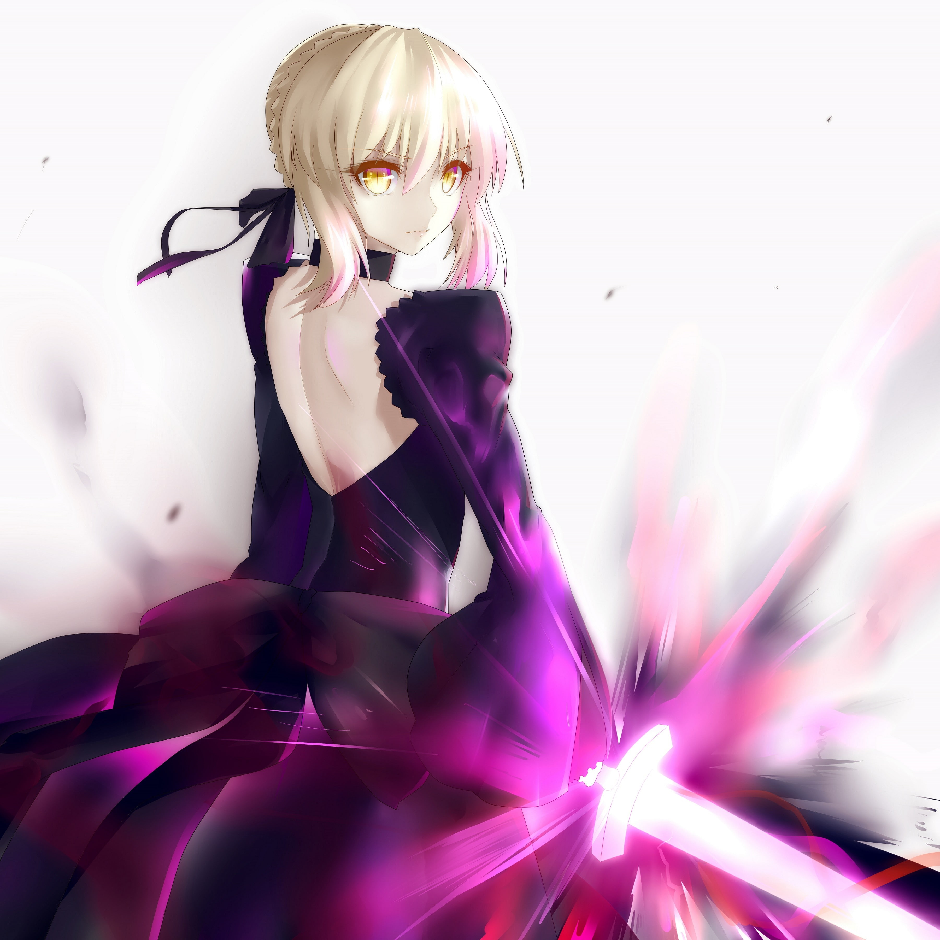 clothing, indoors, fashion, portrait, Fate/Grand Order, beautiful woman, Saber Alter, hairstyle, sword, anime girls, blond hair, front view, white background, Phone HD Wallpaper