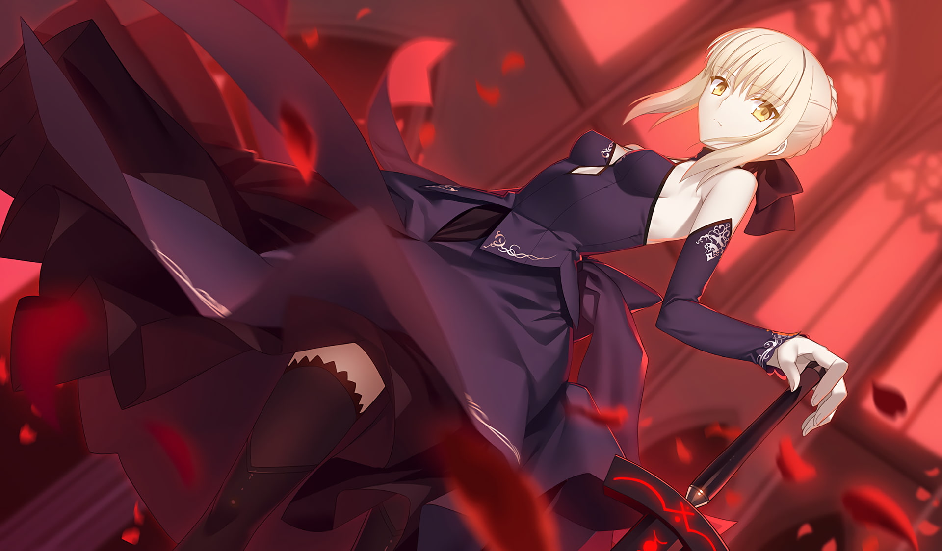 Saber Alter, Fate Series, blonde, artwork, anime girls, skirt, anime, 1080P, long hair, knee-highs, black dress, Saber, Fate/Stay Night, HD Wallpaper