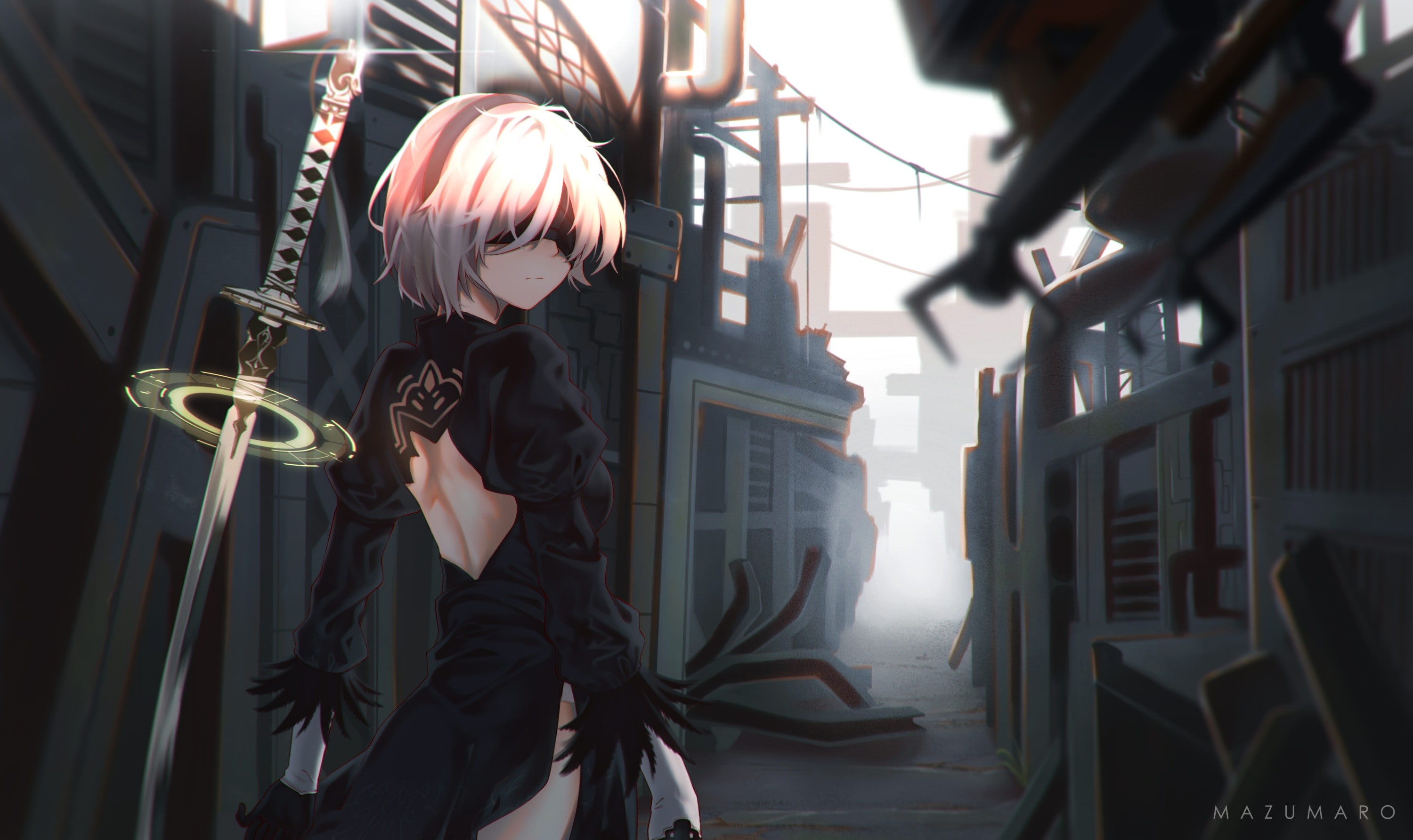 black dress, 2K, white hair, NieR, short hair, gray hair, blindfold, sword, weapon, Nier: Automata, 2B (Nier: Automata), gloves, HD Wallpaper