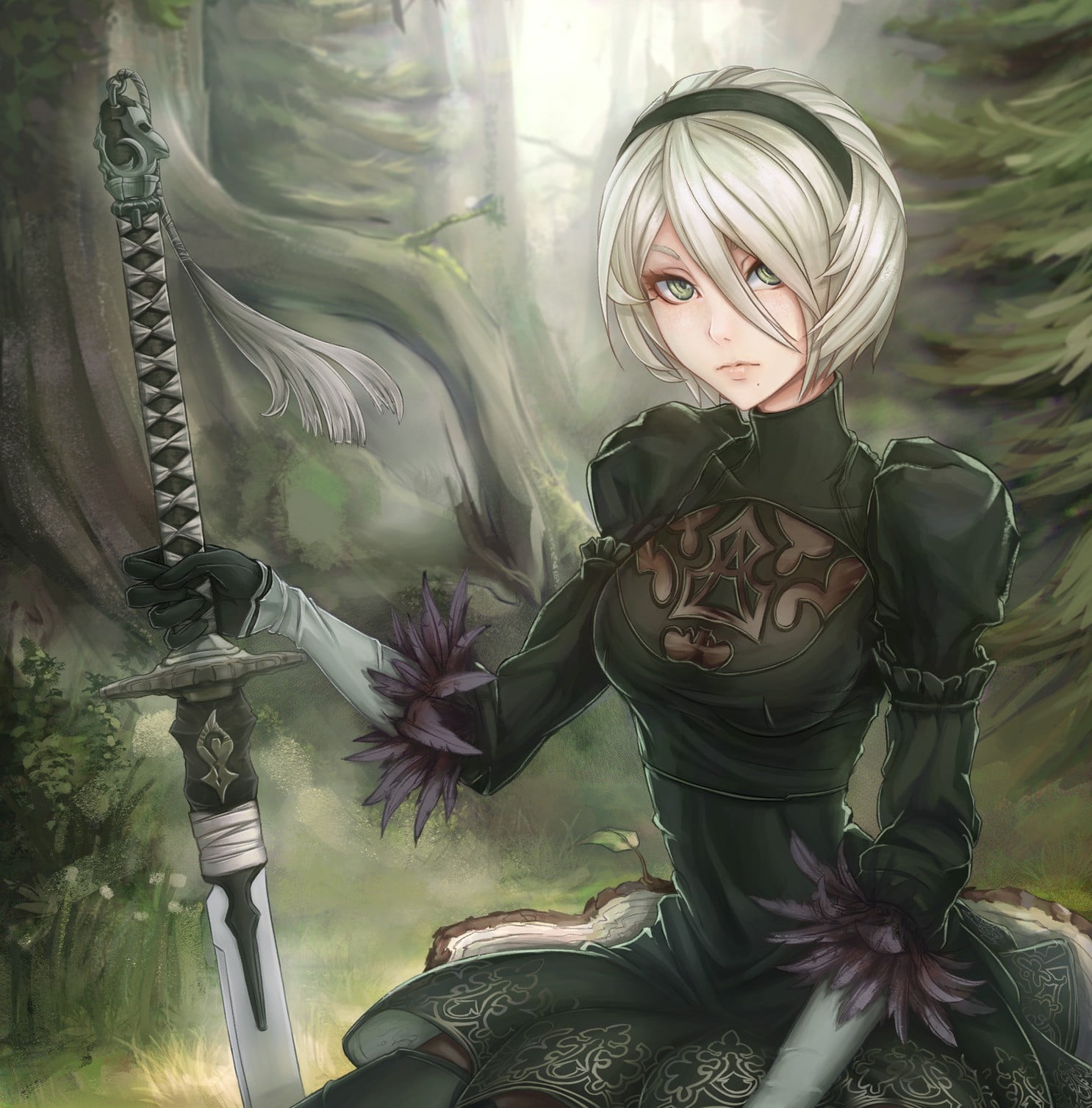 weapon, front view, 720P, forest, three quarter length, real people, dress, haired, looking at camera, innocence, young women, young adult, casual clothing, Phone HD Wallpaper