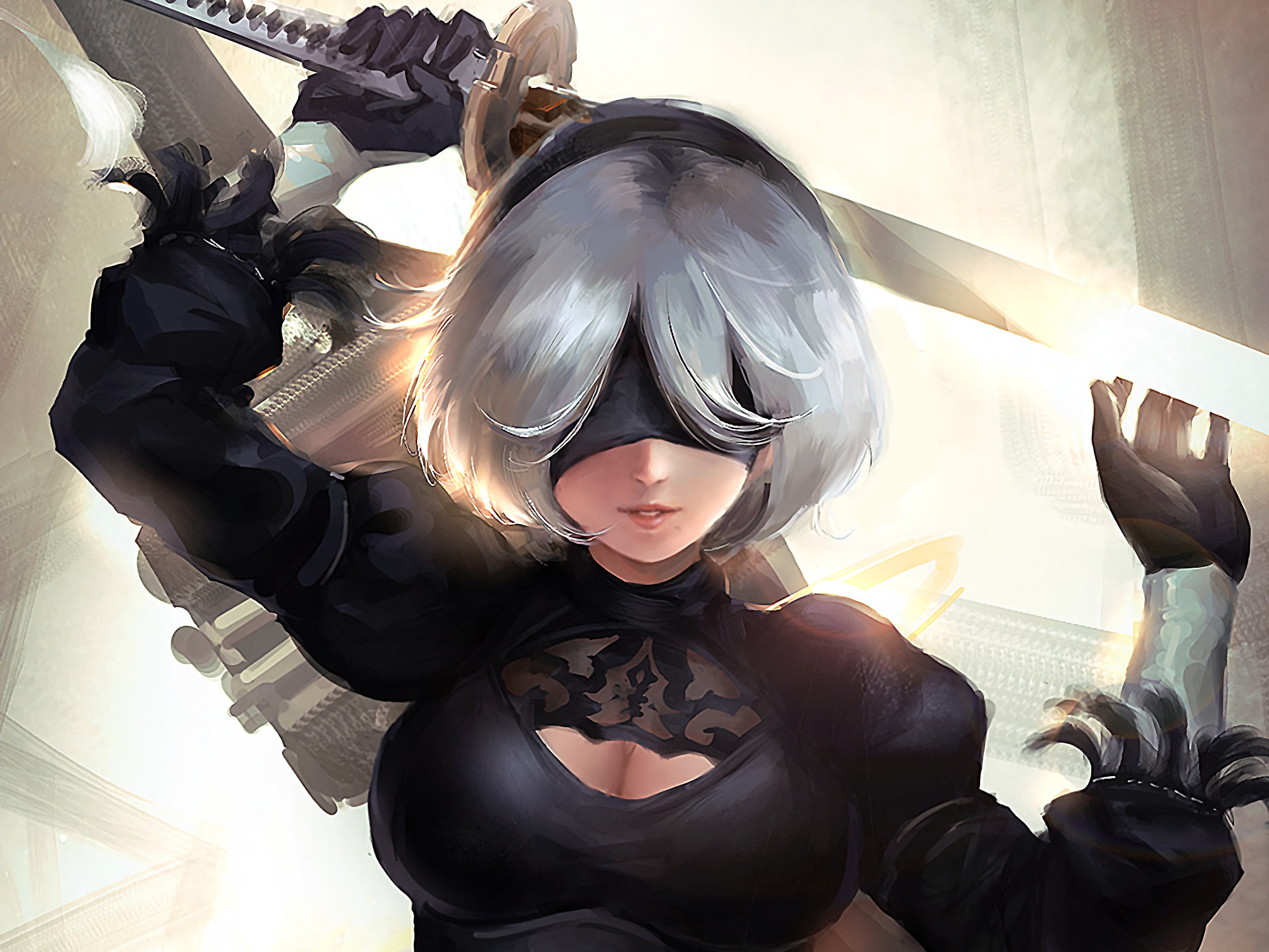 Sword, Smile, Video Game, Headband, NieR: Automata, Katana, 1080P, Weapon, YoRHa No.2 Type B, White Hair, Blindfold, Glove, HD Wallpaper