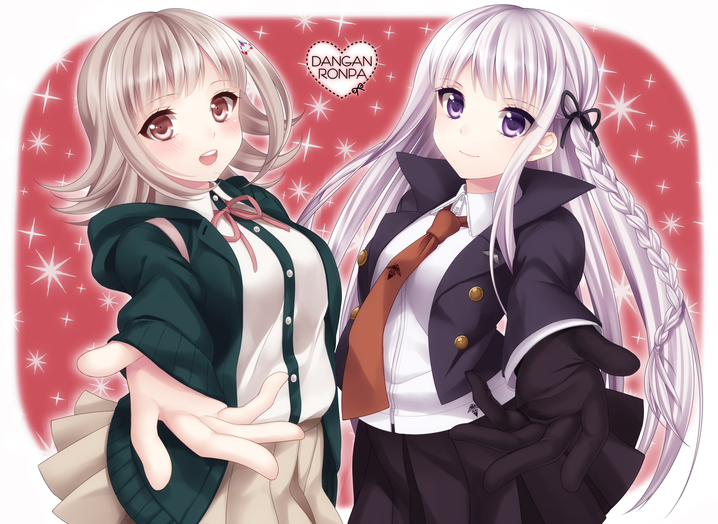 skirt, purple, girls, nanami, ribbons, brown, long, hair, ronpa, dangan ronpa, kirigiri, 1080P, kyouko, eyes, nanamiya, dangan, chiaki, gloves, HD Wallpaper
