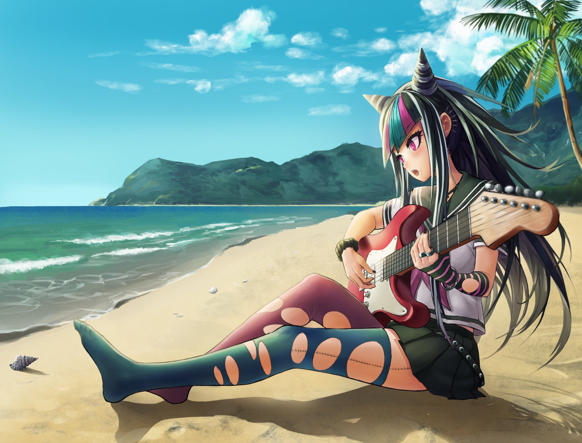 mioda, skirt, beach, hair, 1080P, guitar, drogoth, clouds, dangan, pink, water, ronpa, tree, black, eyes, dangan ronpa, instrument, thighhighs, long, clothes, HD Wallpaper