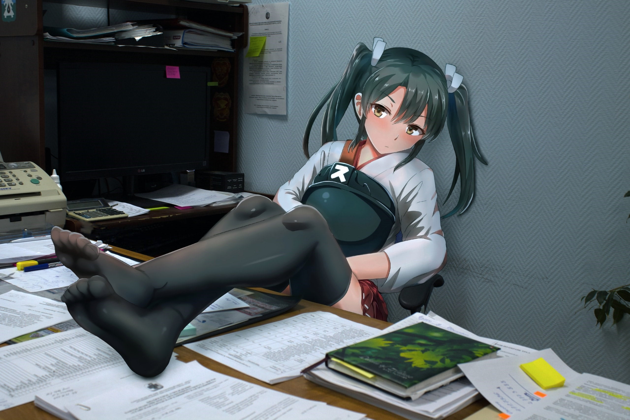 front view, long hair, young adult, adult, women, office, young women, 2K, Zuikaku (KanColle), yellow eyes, legs, computer, twintails, glasses, skirt, HD Wallpaper