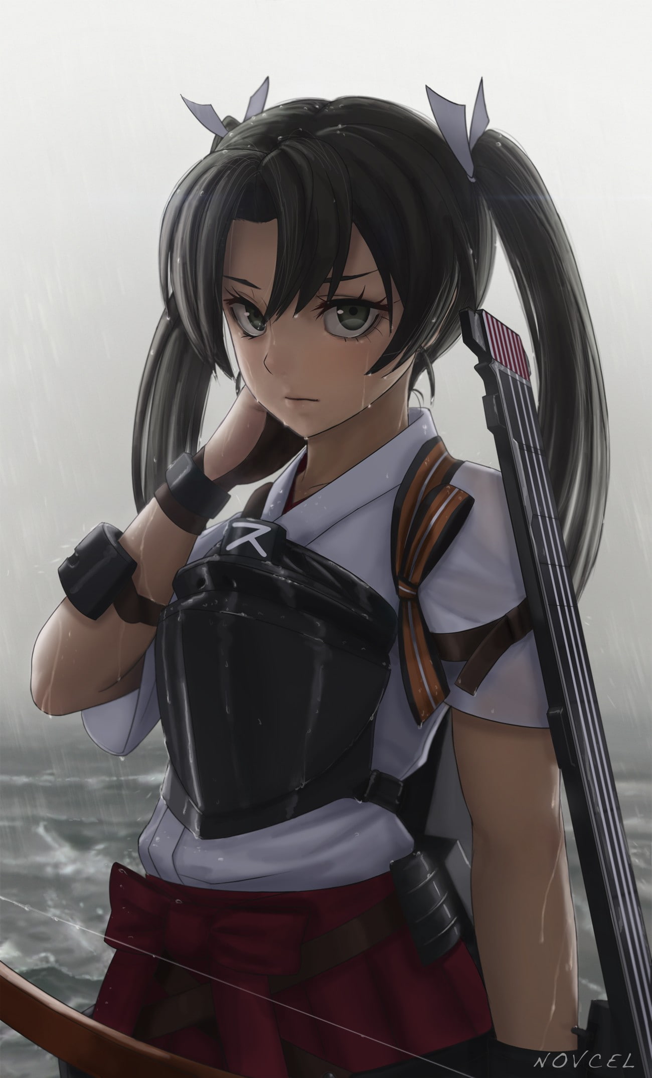 anime girls, rain, Zuikaku (KanColle), anime, wet, 1080P, Kantai Collection, long hair, weapon, sea, Phone HD Wallpaper