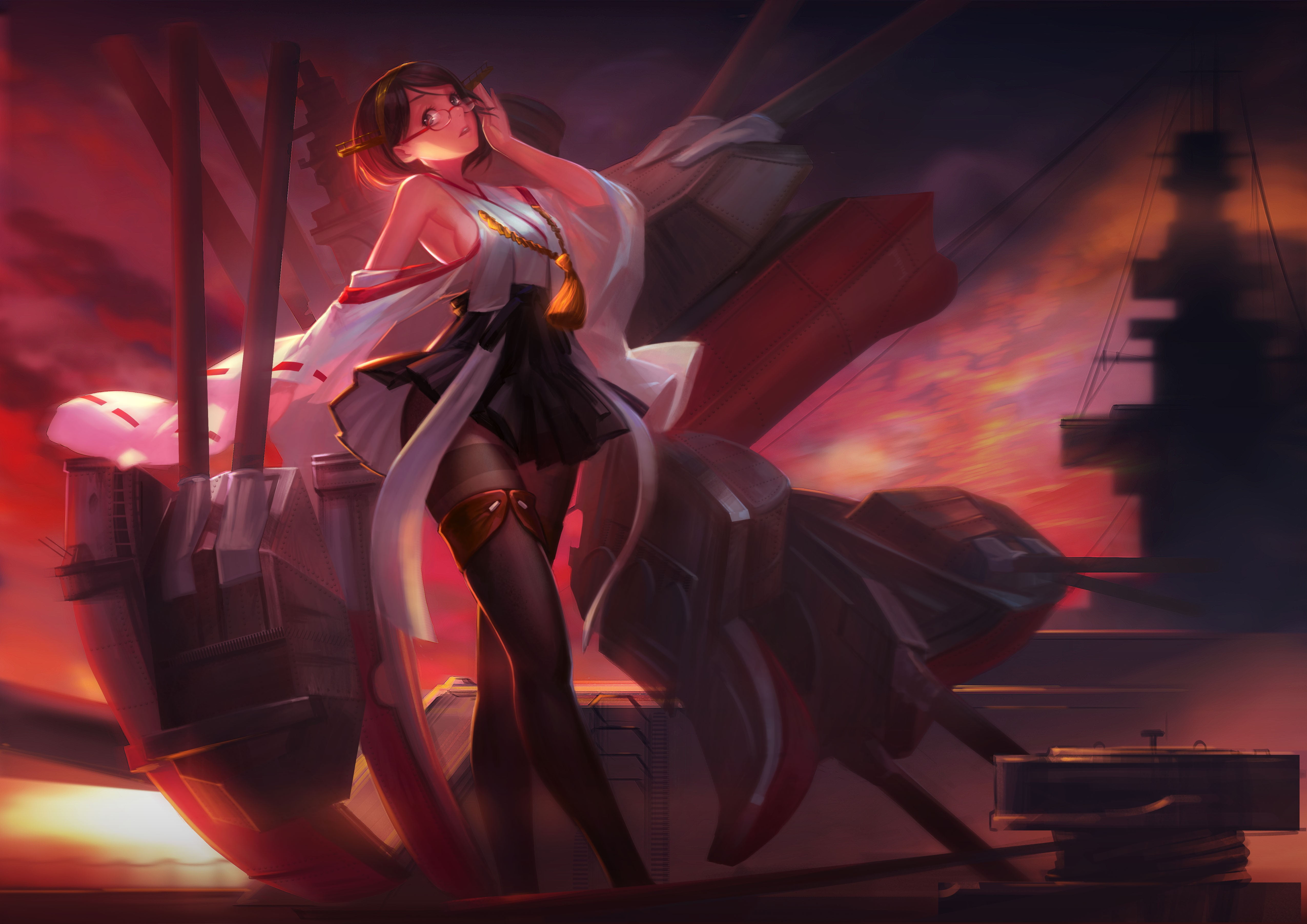 women, 4K, beautiful woman, hairstyle, nature, anime girls, digital composite, beauty, glasses, sunlight, full length, one person, outdoors, sunset, Kirishima (KanColle), HD Wallpaper