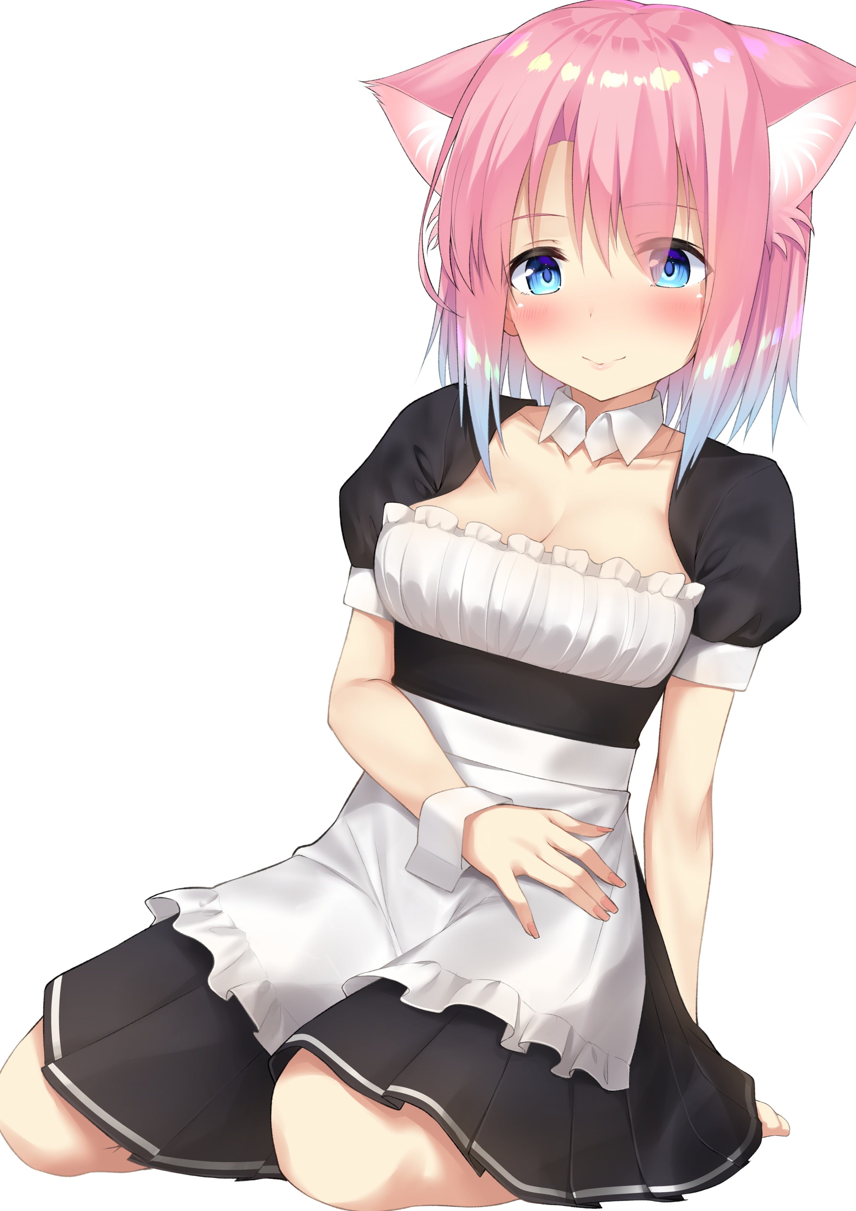 one person, adult, 4K, blushing, child, beautiful woman, maid, animal ears, young adult, looking at camera, clothing, three quarter length, indoors, sitting, Phone HD Wallpaper