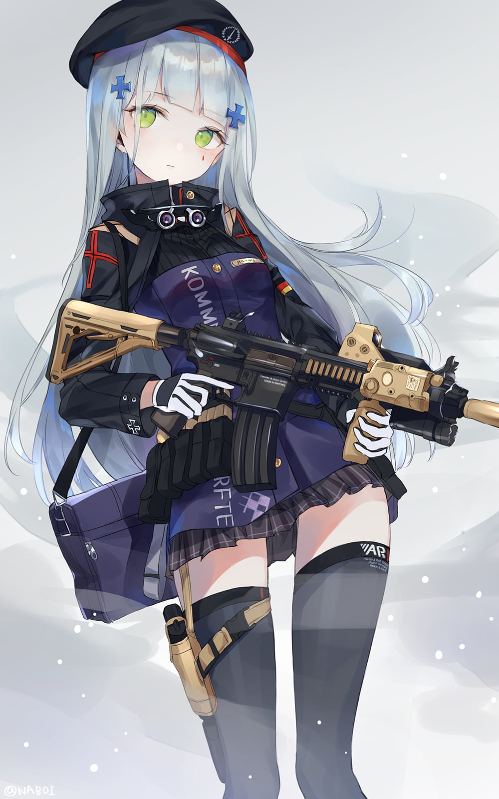 hat, HK416 (Girls Frontline), HK416 (Girls Frontline), pink hair, skirt, socks, long hair, vertical, anime, weapon, anime girls, Girls Frontline, portrait display, Phone HD Wallpaper