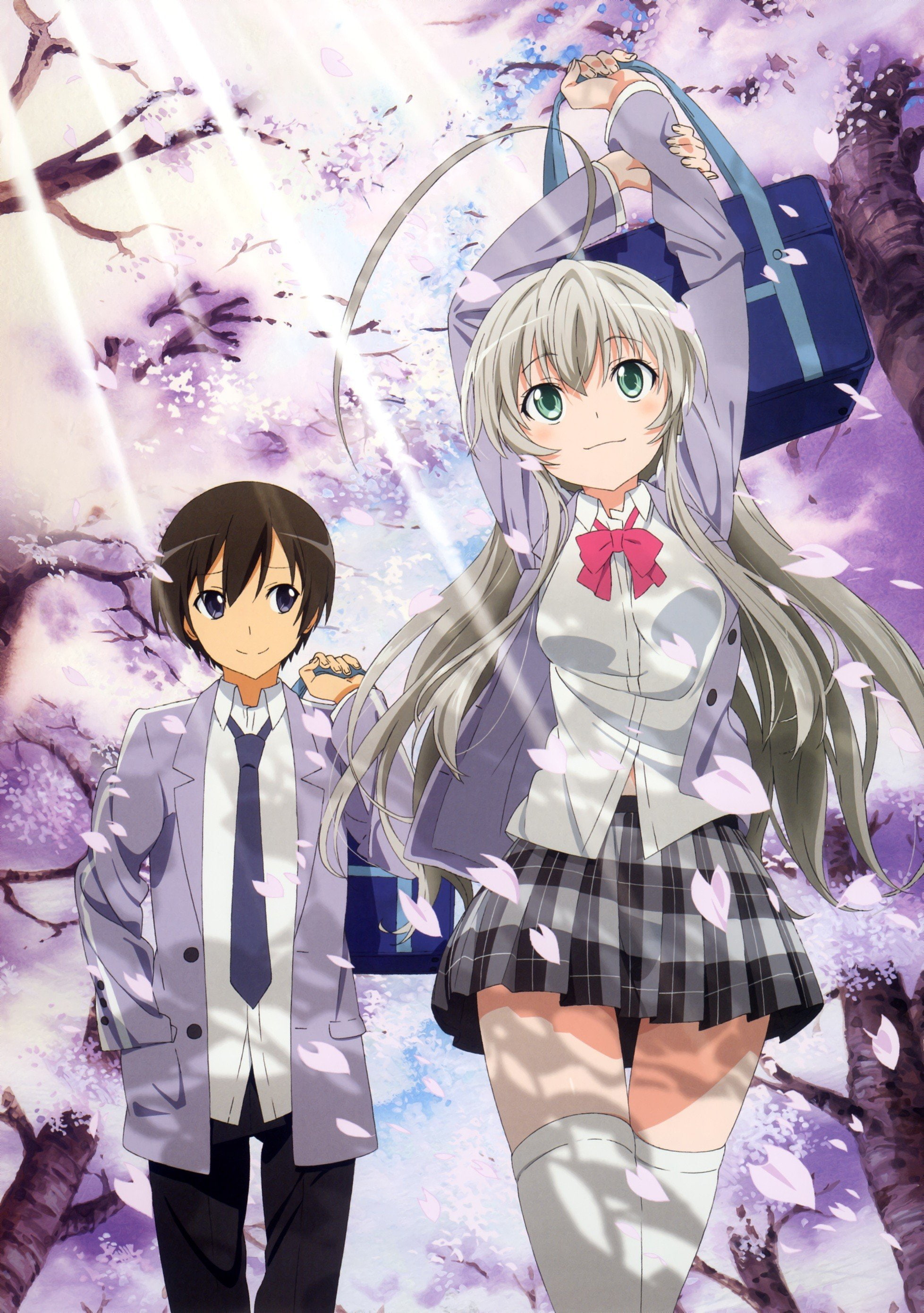 mahiro, boys, nyaruko san, hair, girls, haiyore, cherry, 2K, anime, gray, brunettes, school, yasaka, nyaruko, blossoms, uniforms, Phone HD Wallpaper