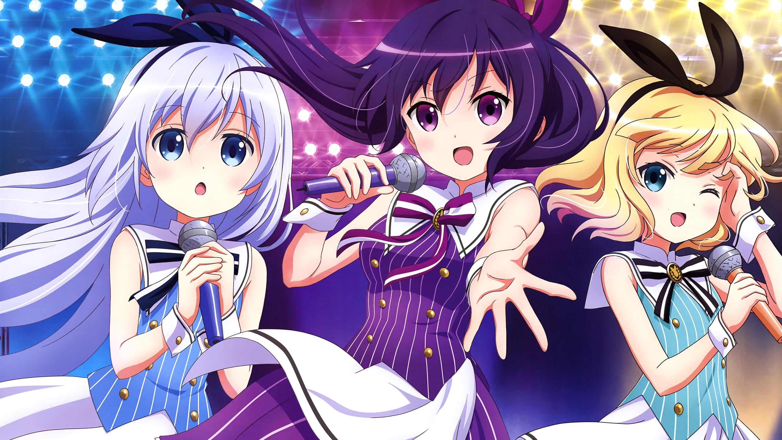 music, Microphones, Tedeza Rize, Gochuumon Wa Usagi Desu Ka, Kafuu Chino, 2K, anime, Anime Girls, singing, Kirima Sharo, idol, HD Wallpaper