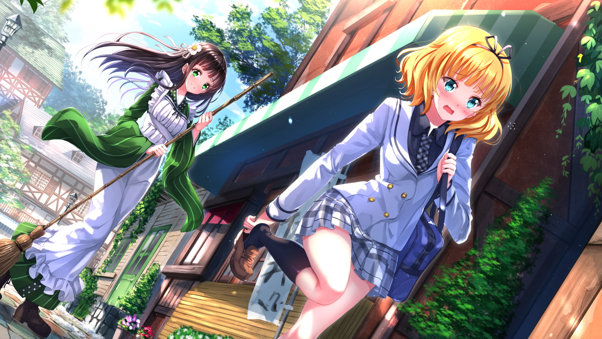 school uniform, Ujimatsu Chiya, aqua eyes, anime, brunette, anime girls, Japanese clothes, Kirima Sharo, Gochuumon wa Usagi Desu ka?, blonde, 1080P, Swordsouls, HD Wallpaper