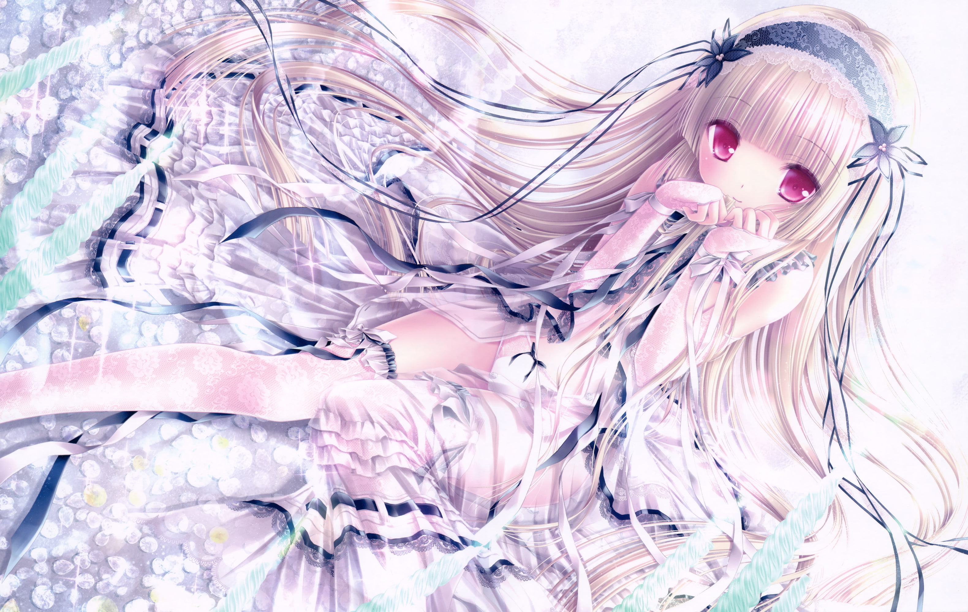 blonde, tinkle, thighhighs, fashion, 2K, purple, scan, elbow, loli, gloves, tinkerbell, lolita, long, original, hair, HD Wallpaper