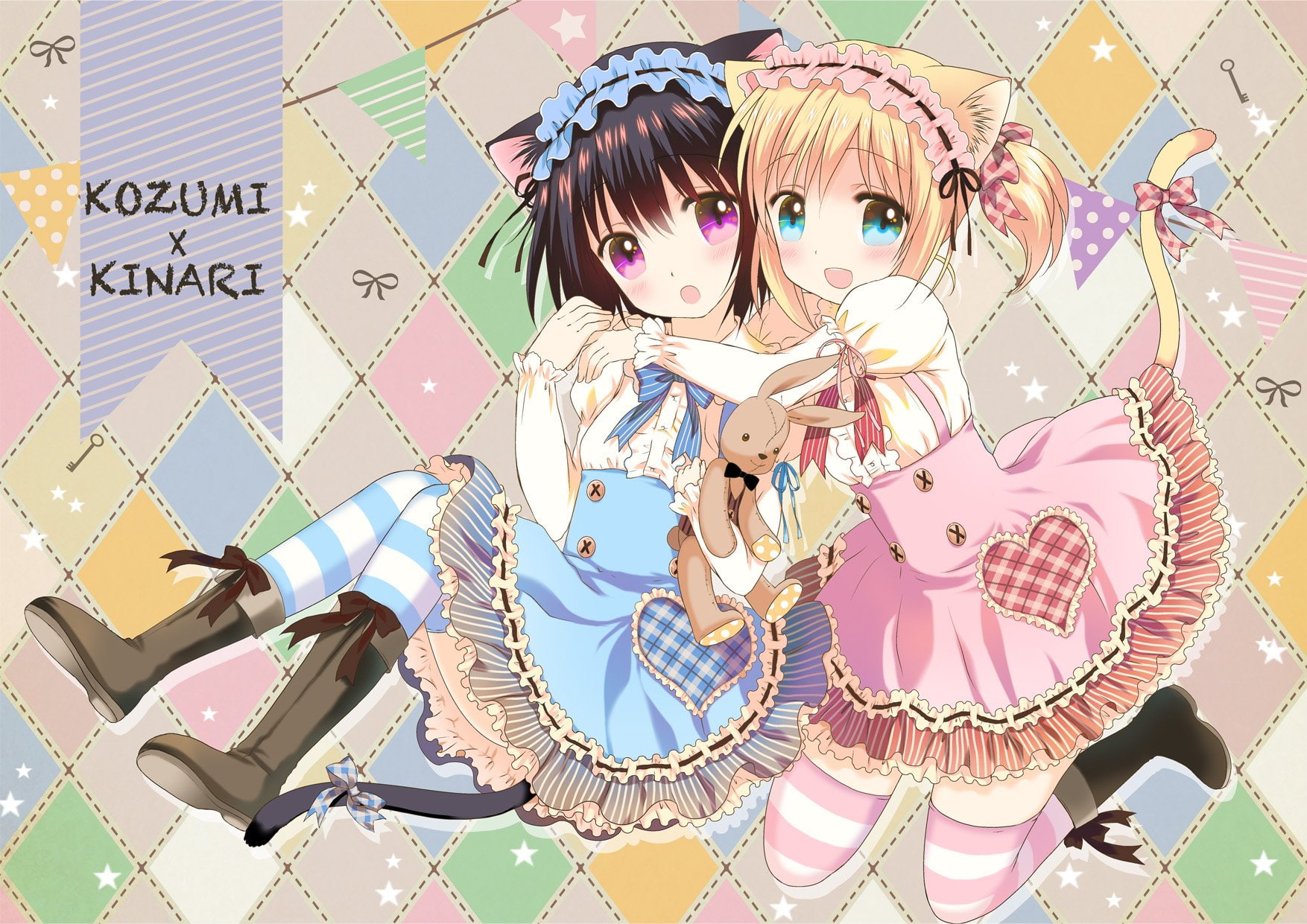 catgirl, purple, black, short, loli, eyes, blue, blonde, animal, girls, fashion, original, hair, tail, 720P, lolita, thighhighs, boots, kuromaru, dress, HD Wallpaper