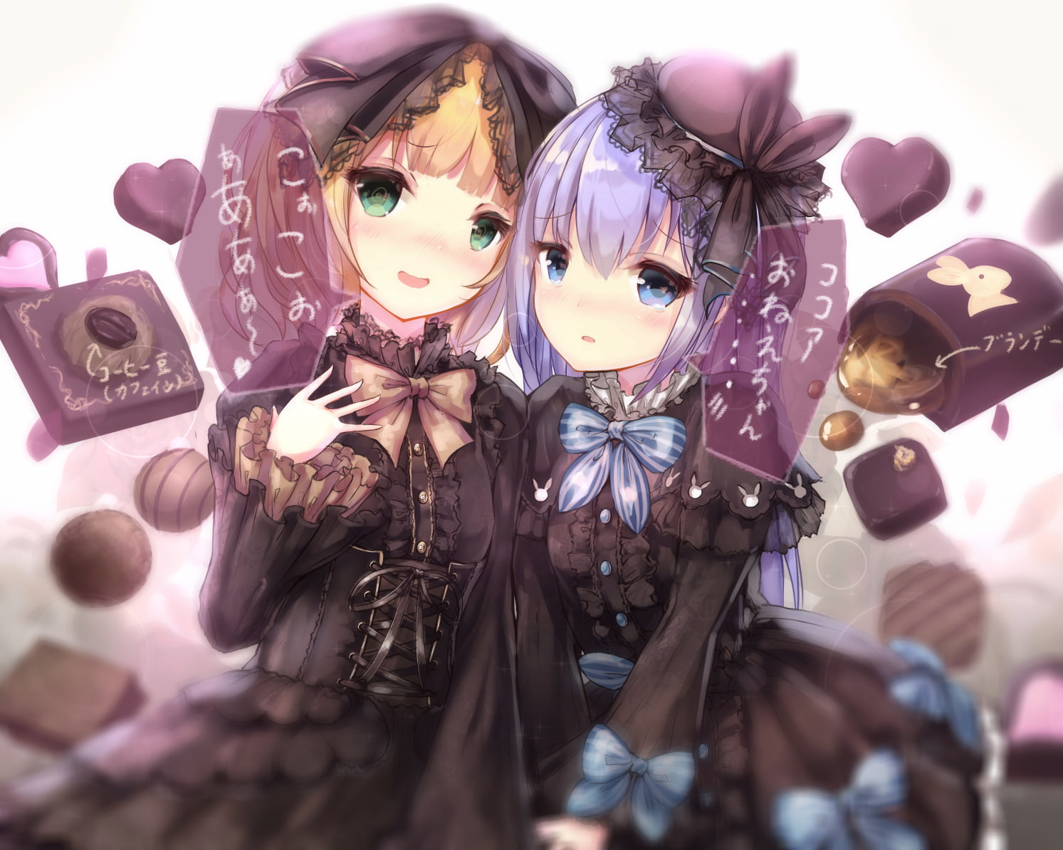 apple228, kafuu, blush, 260608, petals, long, short, blonde, 2girls, eyes, sharo, dress, goth-loli, 720P, chino, bow, rose, aqua, hair, flowers, konachan, HD Wallpaper