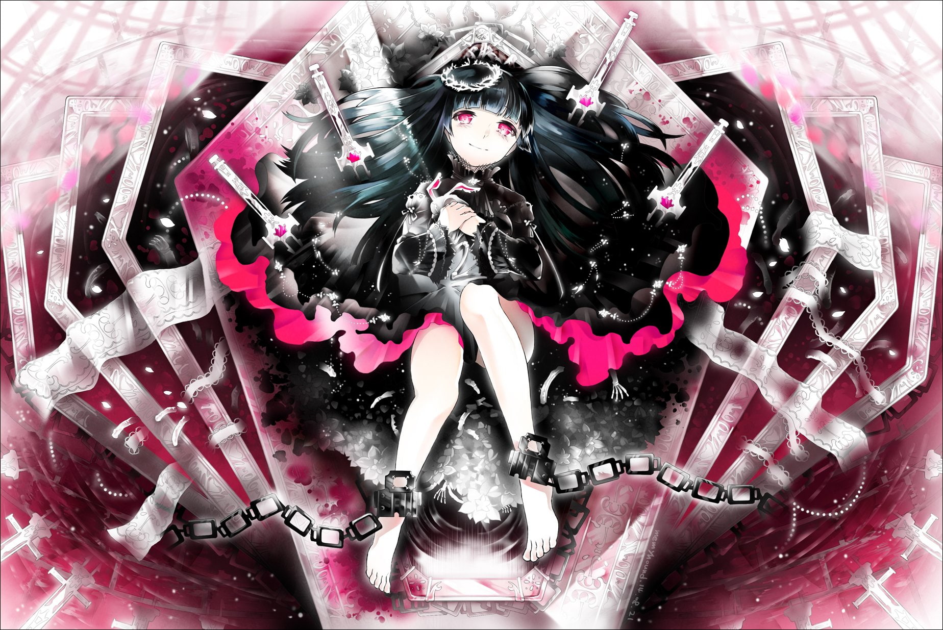 720P, chains, goth loli, fashion, eyes, flowers, jaebau, dress, barefoot, original, hair, lolita, black, pink, HD Wallpaper