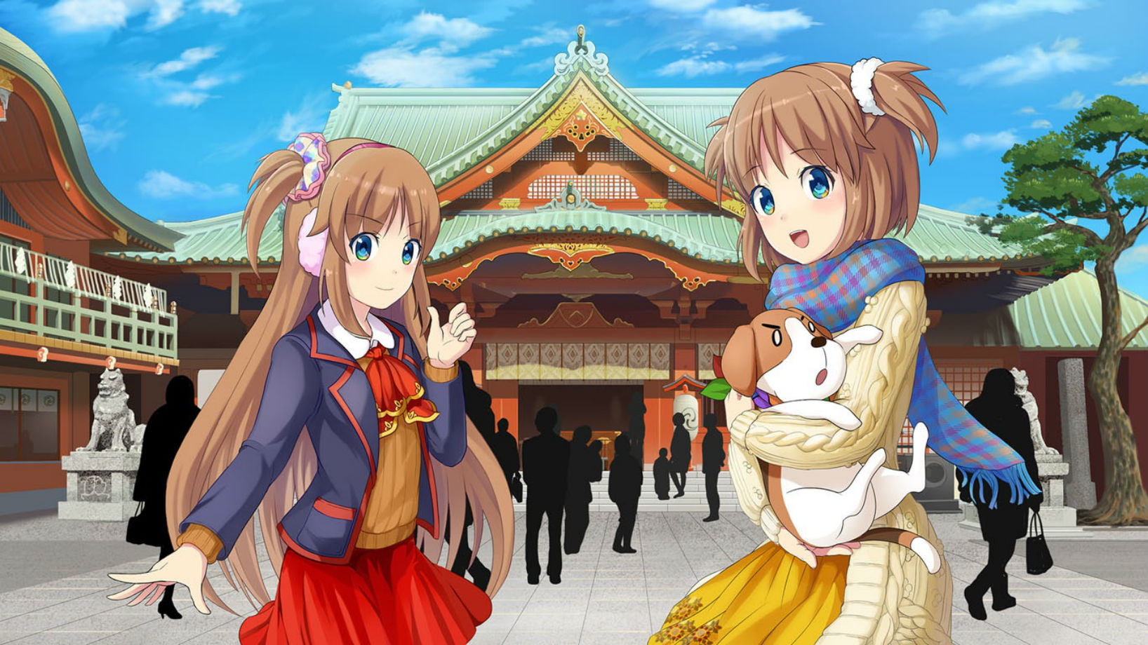 yuu, 720P, ponytail, brown, twintails, eyes, dog, hair, original, earmuffs, blue, os tan, madobe, animal, windows, scarf, HD Wallpaper