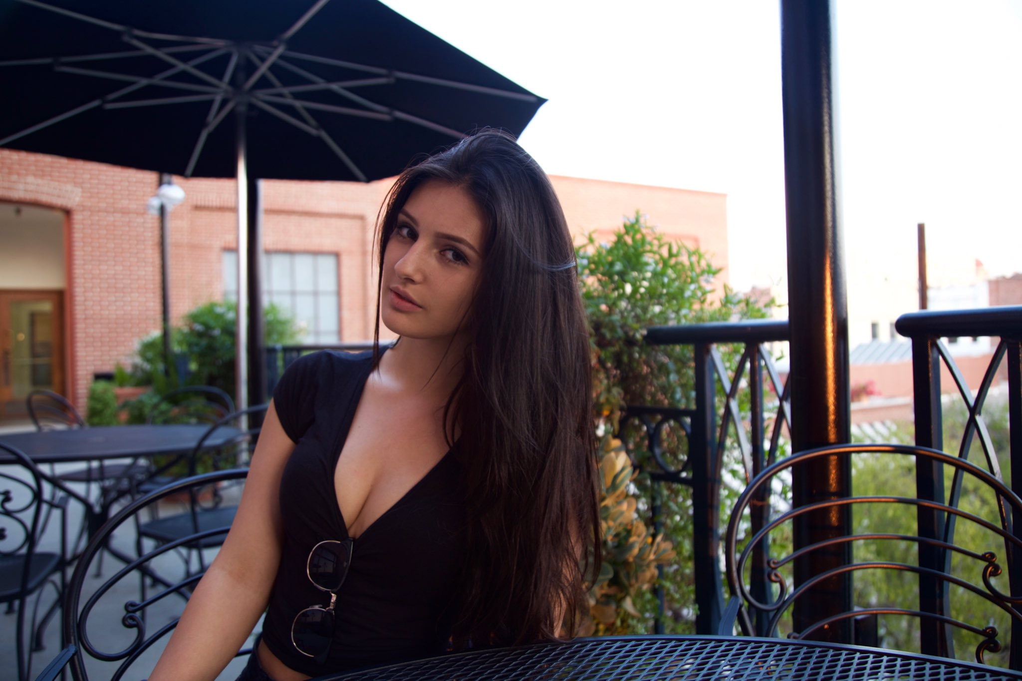 long hair, hairstyle, women outdoors, teenager, contemplation, lifestyles, black clothing, brunette, beauty, model, adult, looking at viewer, straight hair, HD Wallpaper
